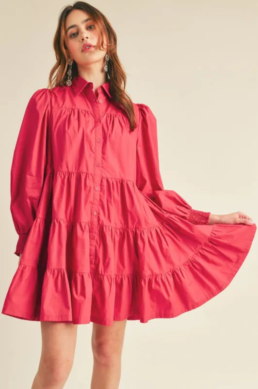 Crimson Red Tiered Button Down Mini Dress sold by Pinkblush