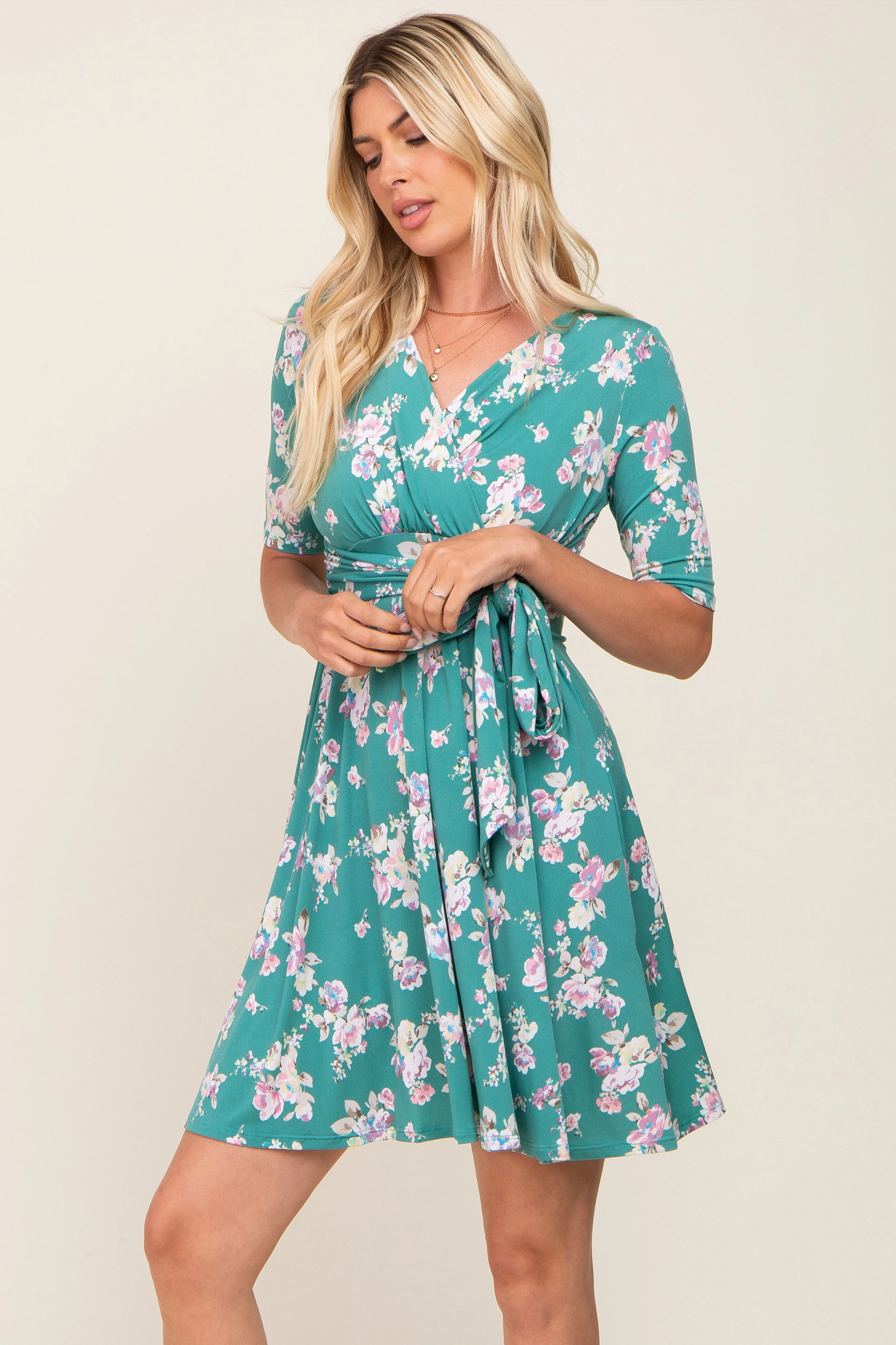 Jade Floral Wrap Front V-Neck Short Sleeve Maternity Dress sold by Pinkblush product image thumbnail 5