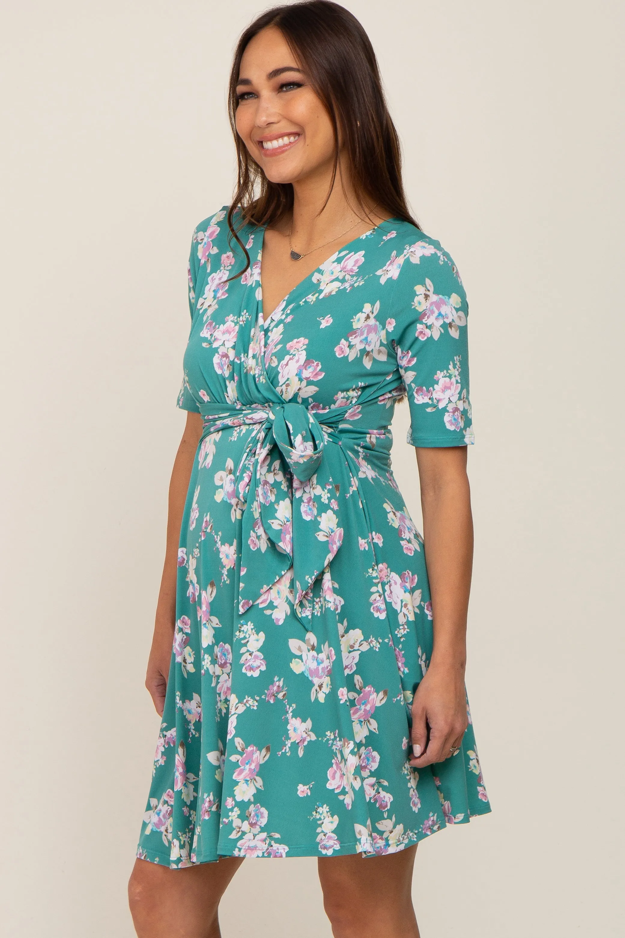 Jade Floral Wrap Front V-Neck Short Sleeve Maternity Dress sold by Pinkblush product image thumbnail 2