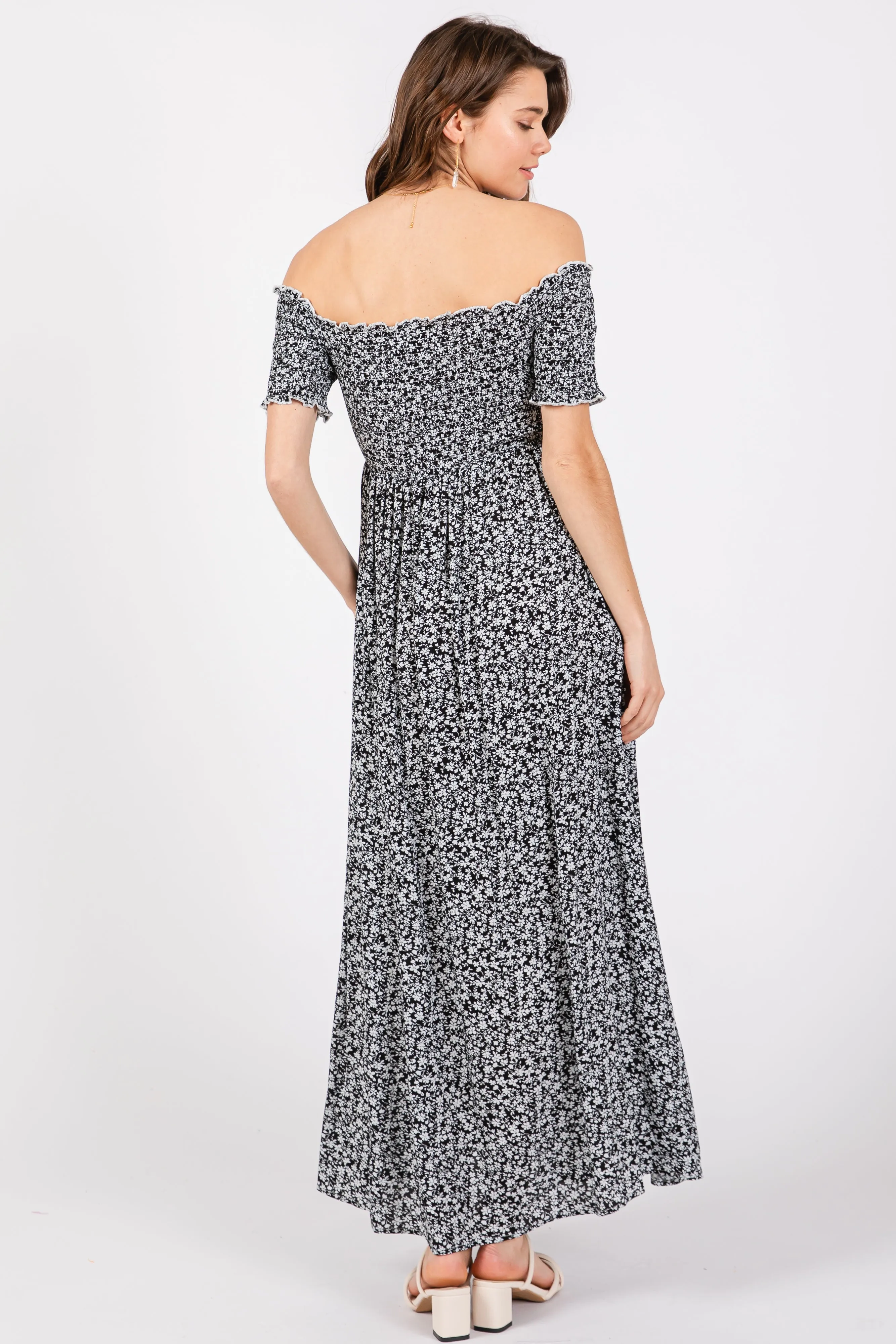 Black Floral Smocked Fitted Sleeve Side Slit Maxi Dress sold by Pinkblush product image thumbnail 3