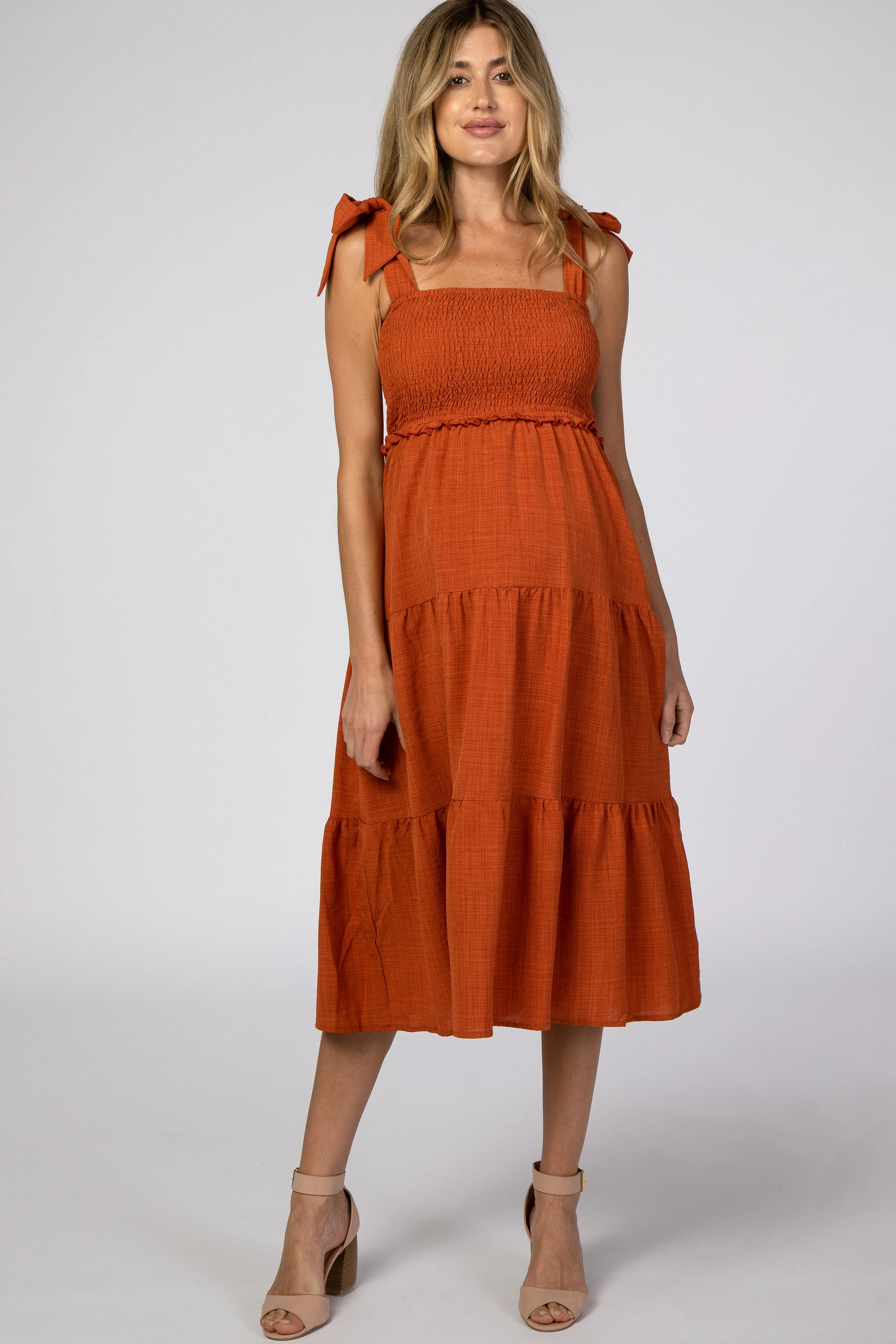 Rust Bow Strap Tiered Maternity Midi Dress sold by Pinkblush product image thumbnail 5