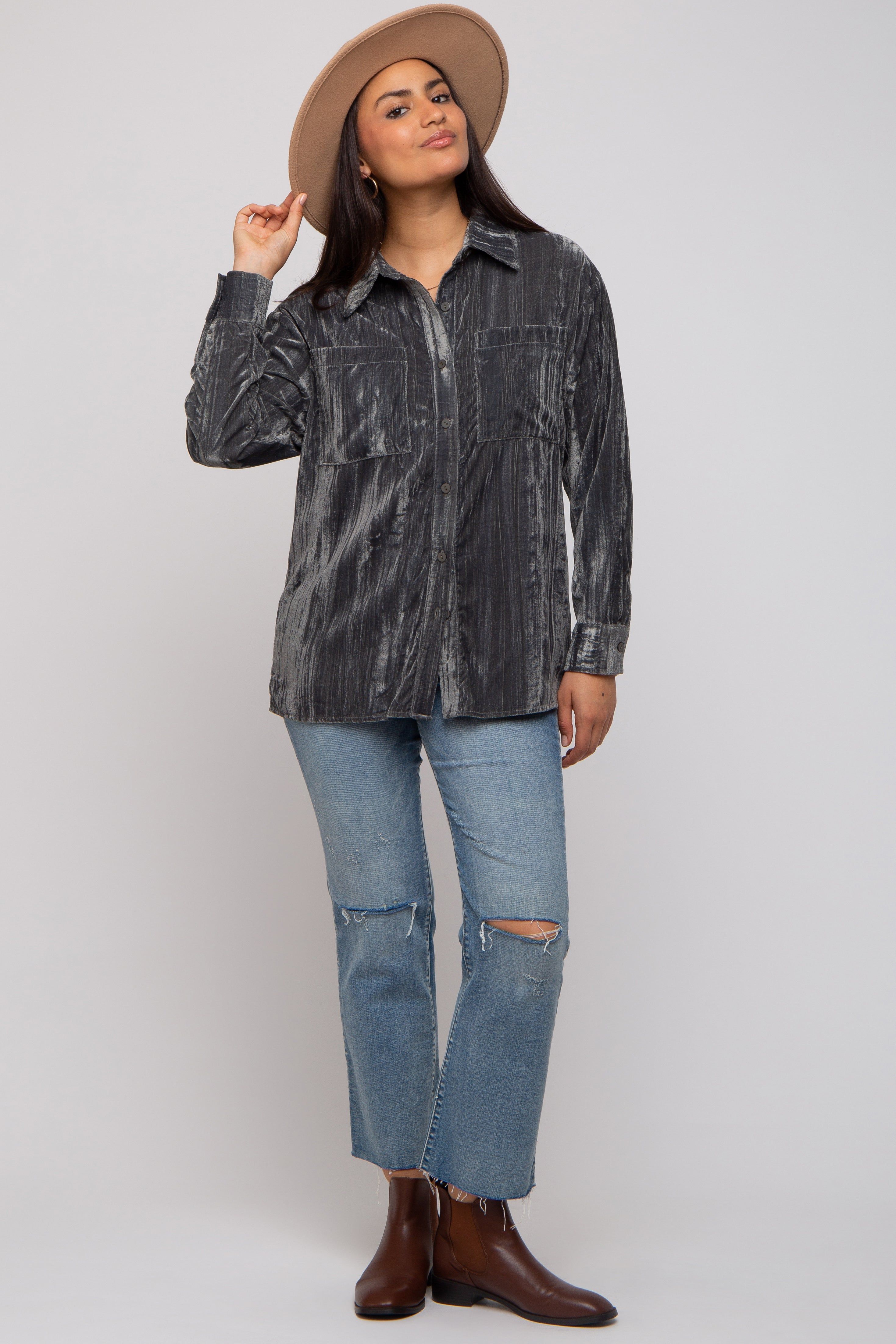 Charcoal Button Up Velvet Top sold by Pinkblush product image thumbnail 5