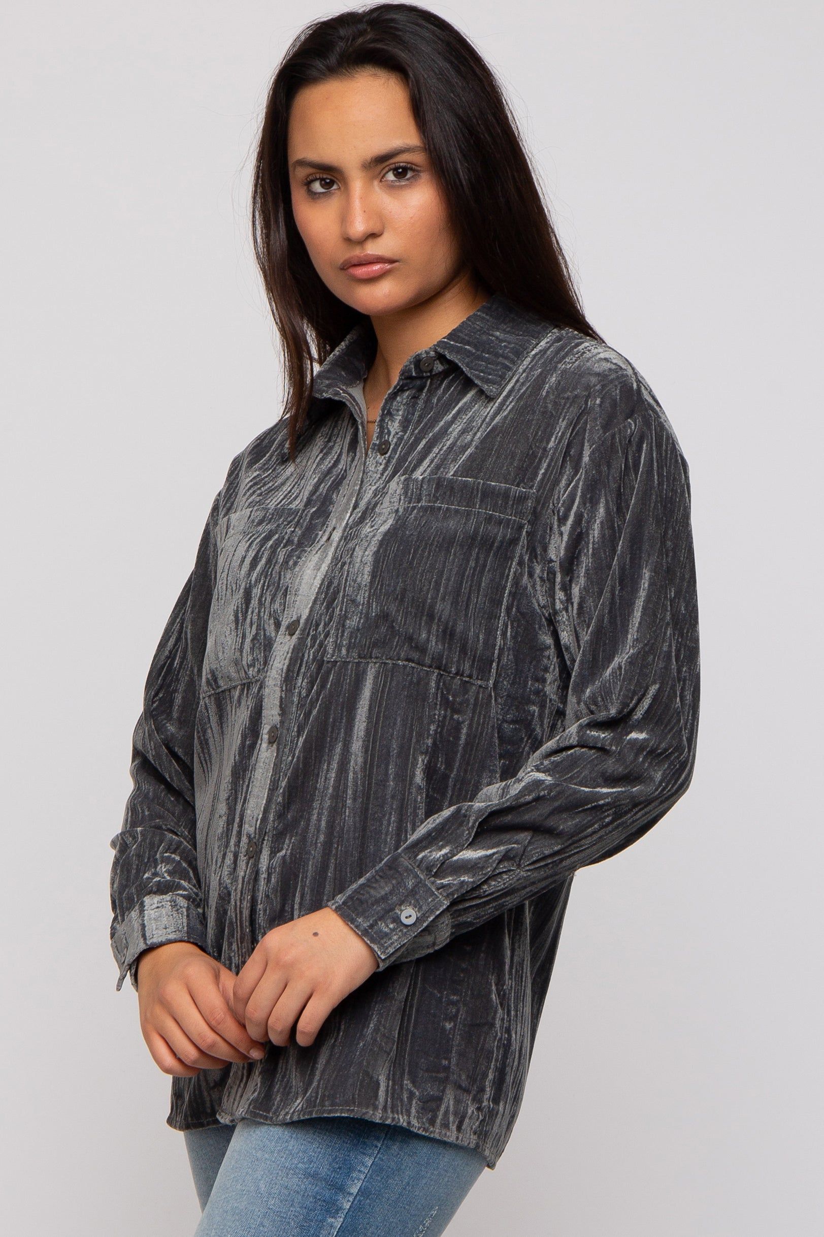 Charcoal Button Up Velvet Top sold by Pinkblush product image thumbnail 2