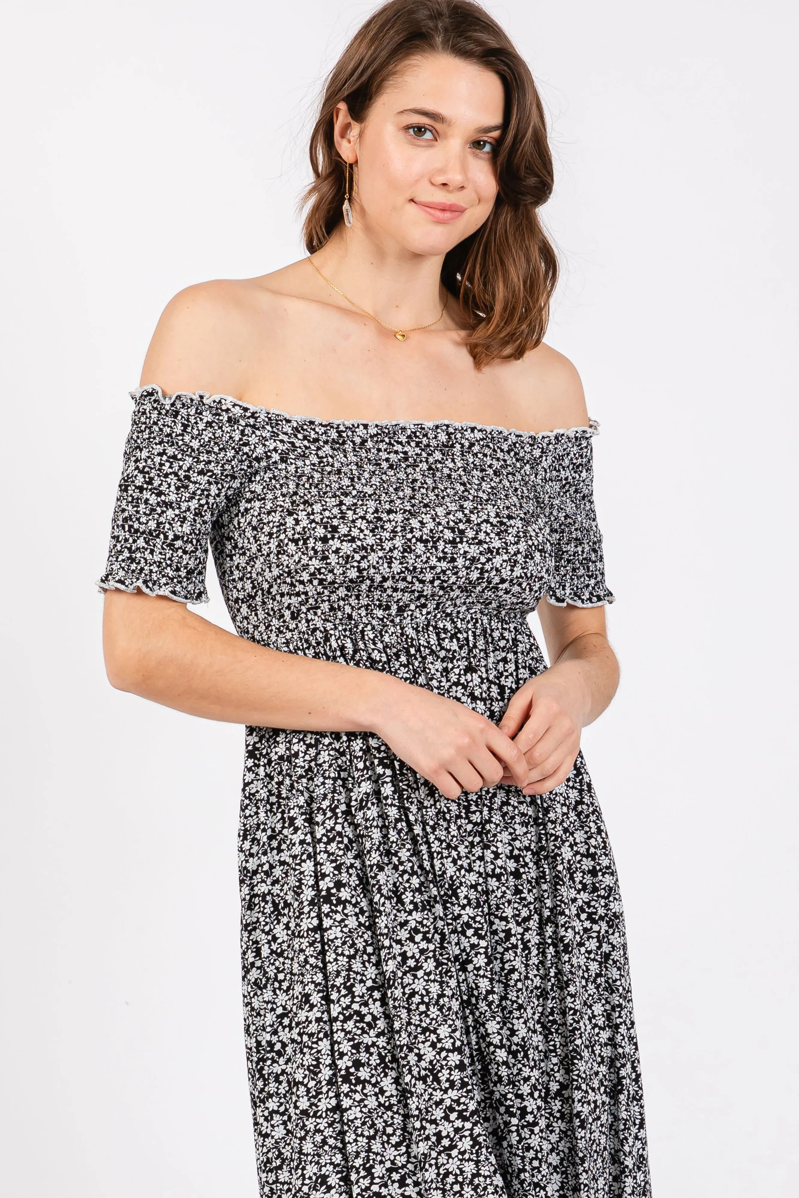 Black Floral Smocked Fitted Sleeve Side Slit Maxi Dress sold by Pinkblush product image thumbnail 4