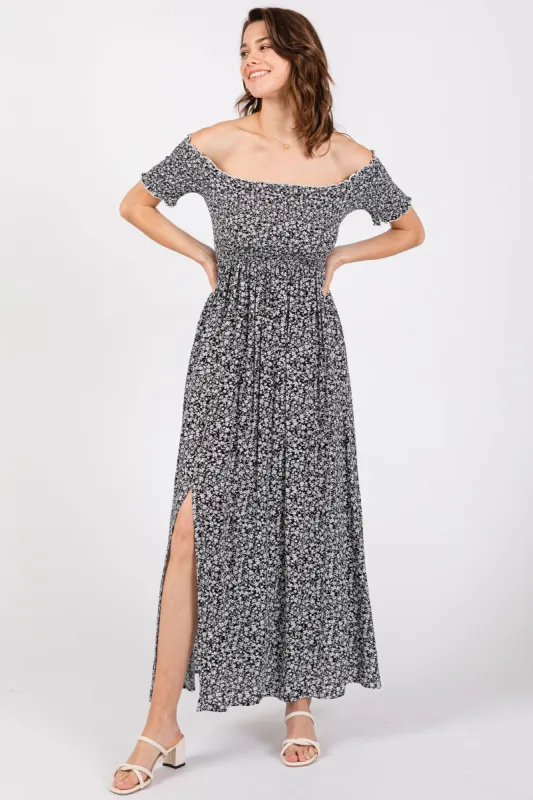 Black Floral Smocked Fitted Sleeve Side Slit Maxi Dress sold by Pinkblush