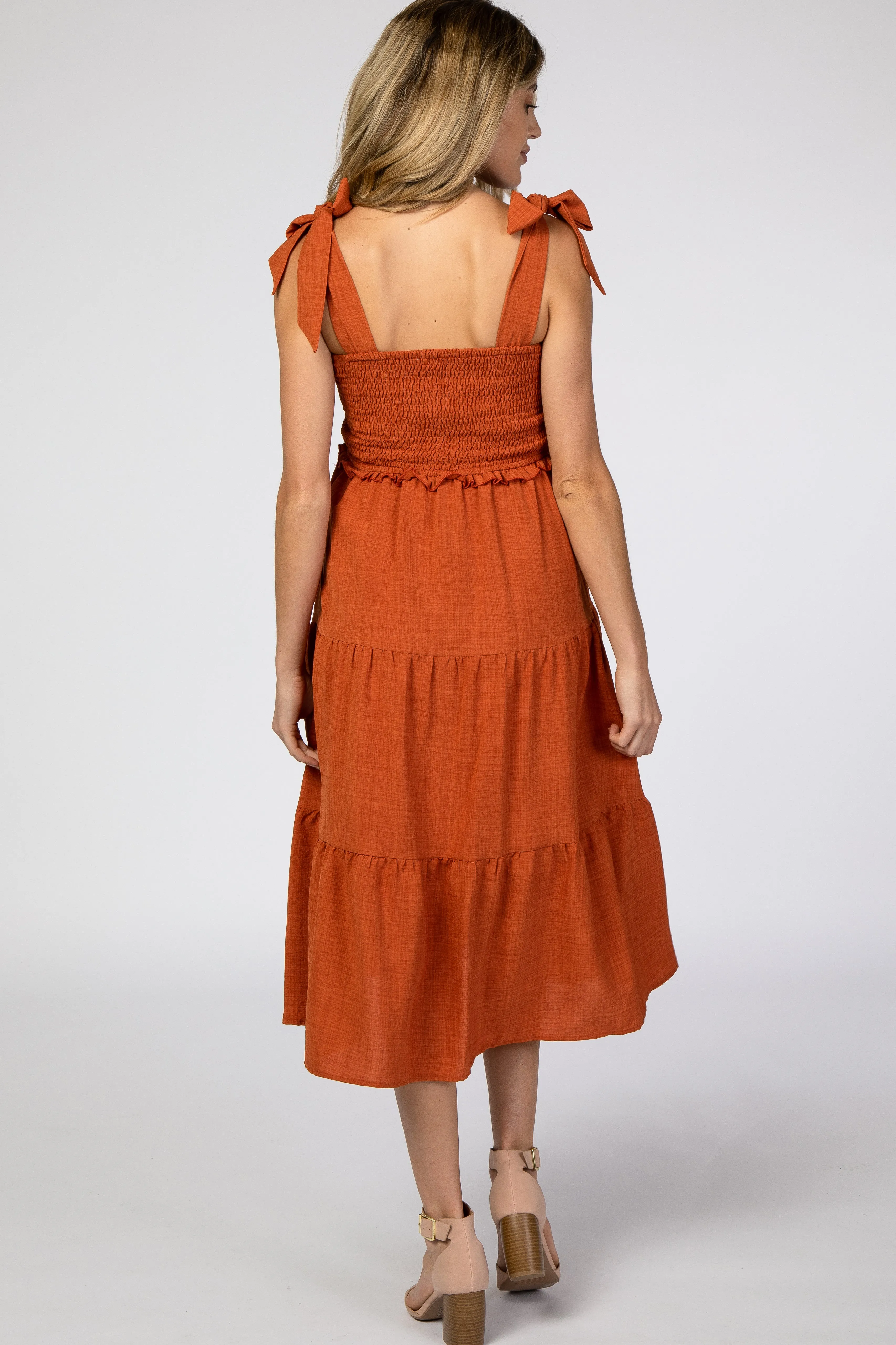 Rust Bow Strap Tiered Maternity Midi Dress sold by Pinkblush product image thumbnail 3