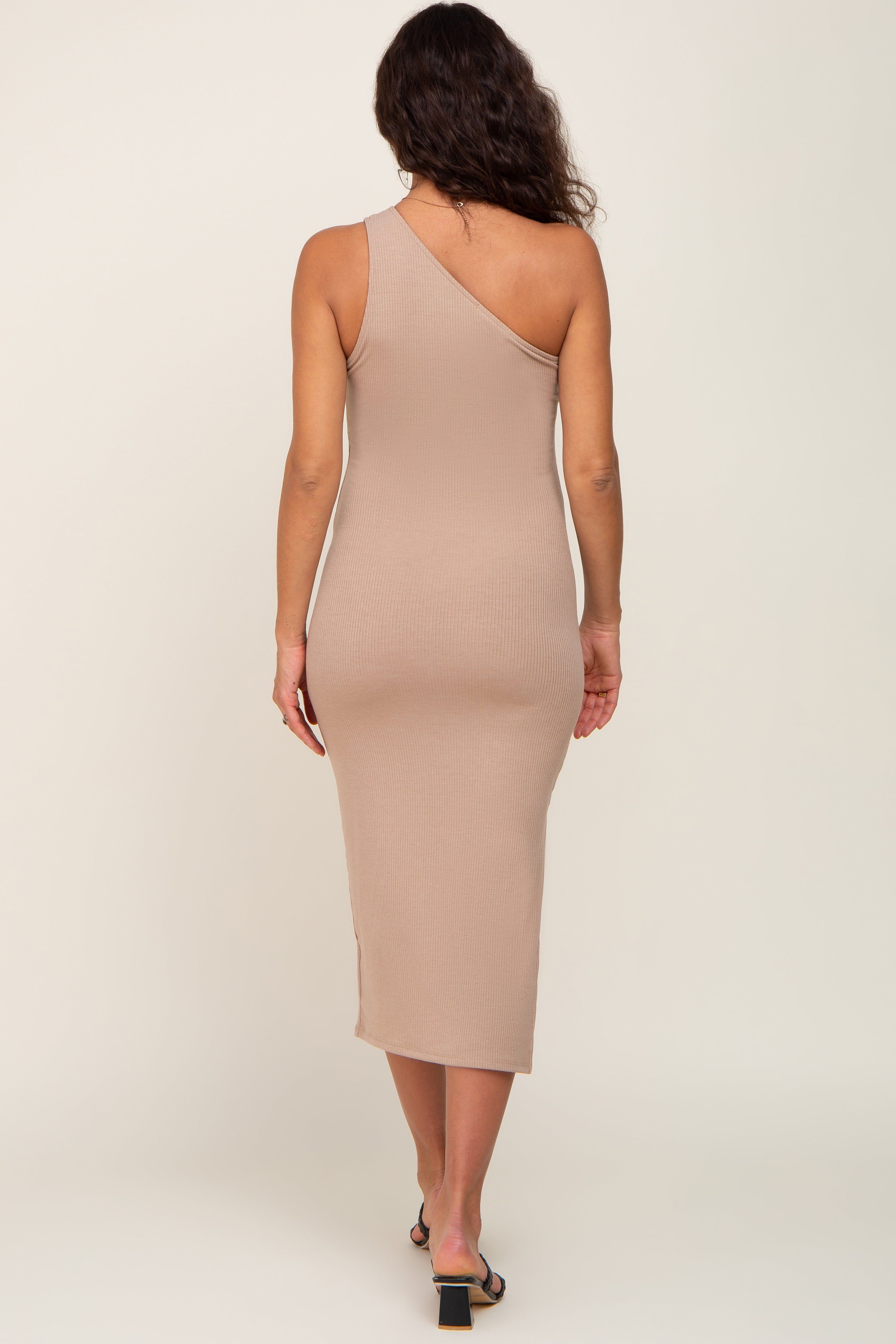 Mocha Ribbed One Shoulder Side Slit Maternity Midi Dress sold by Pinkblush product image thumbnail 3