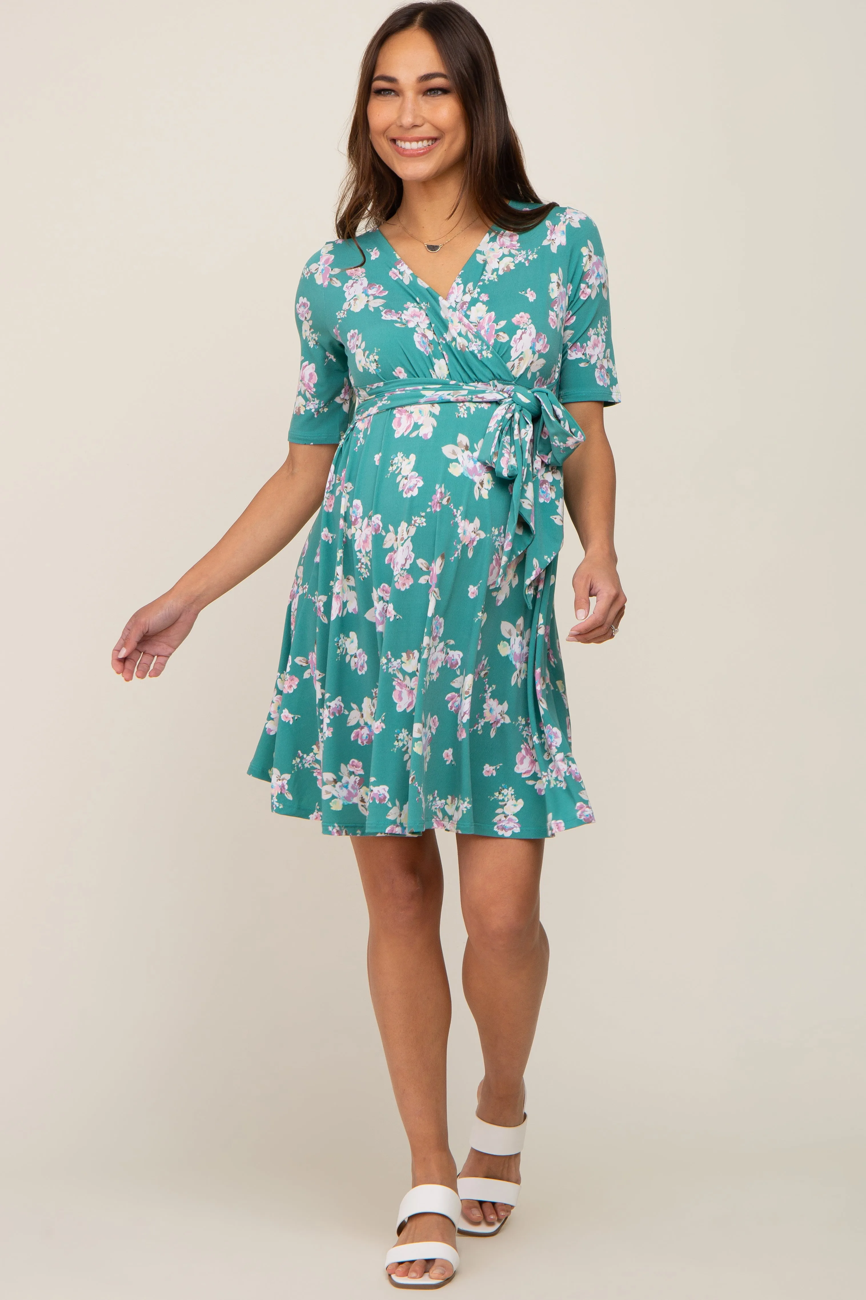Jade Floral Wrap Front V-Neck Short Sleeve Maternity Dress sold by Pinkblush product image thumbnail 4