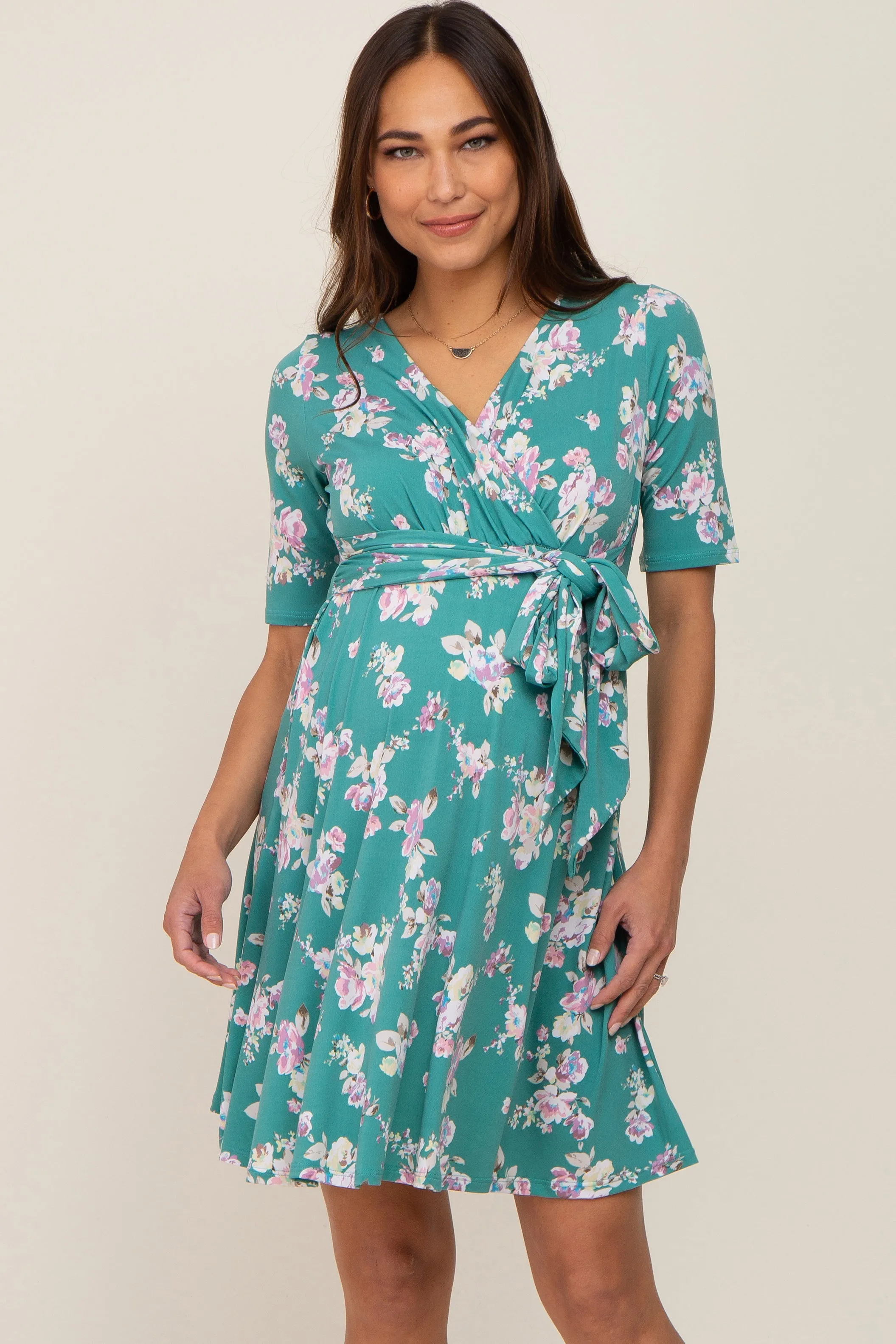 Jade Floral Wrap Front V-Neck Short Sleeve Maternity Dress sold by Pinkblush