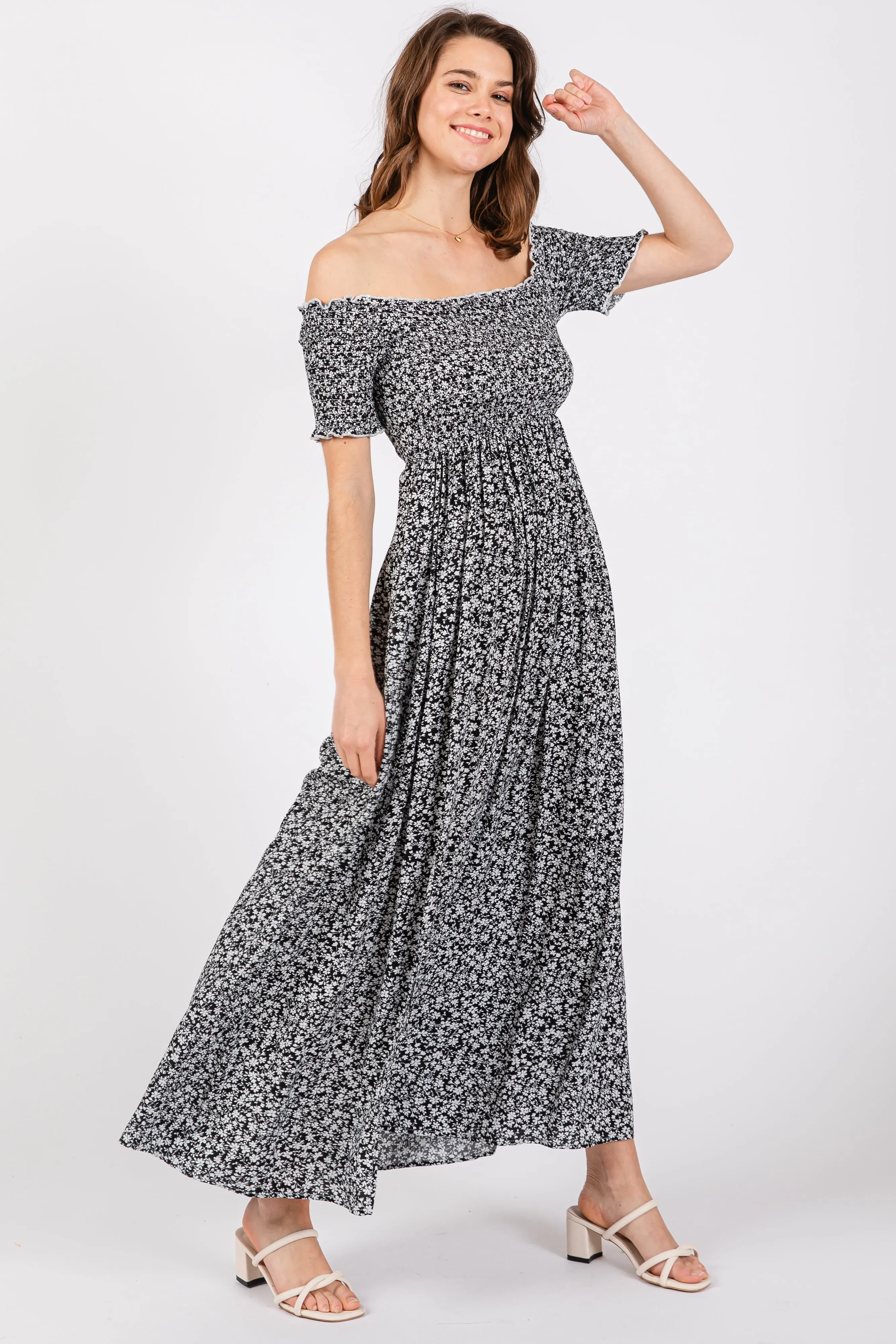 Black Floral Smocked Fitted Sleeve Side Slit Maxi Dress sold by Pinkblush product image thumbnail 2