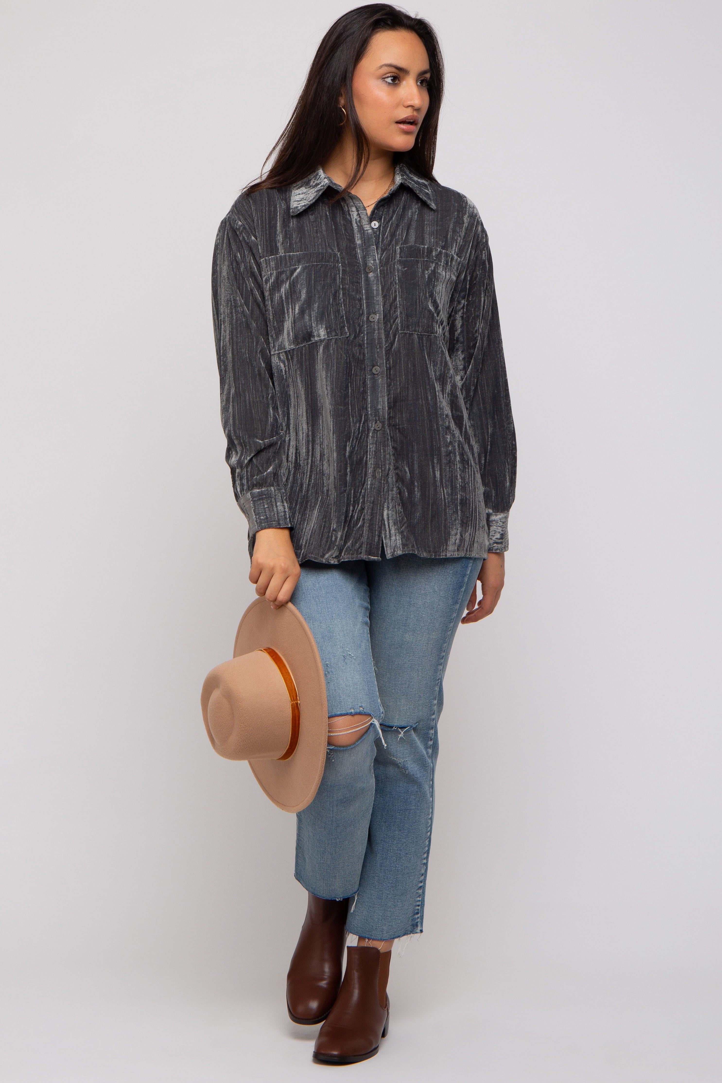 Charcoal Button Up Velvet Top sold by Pinkblush product image thumbnail 4