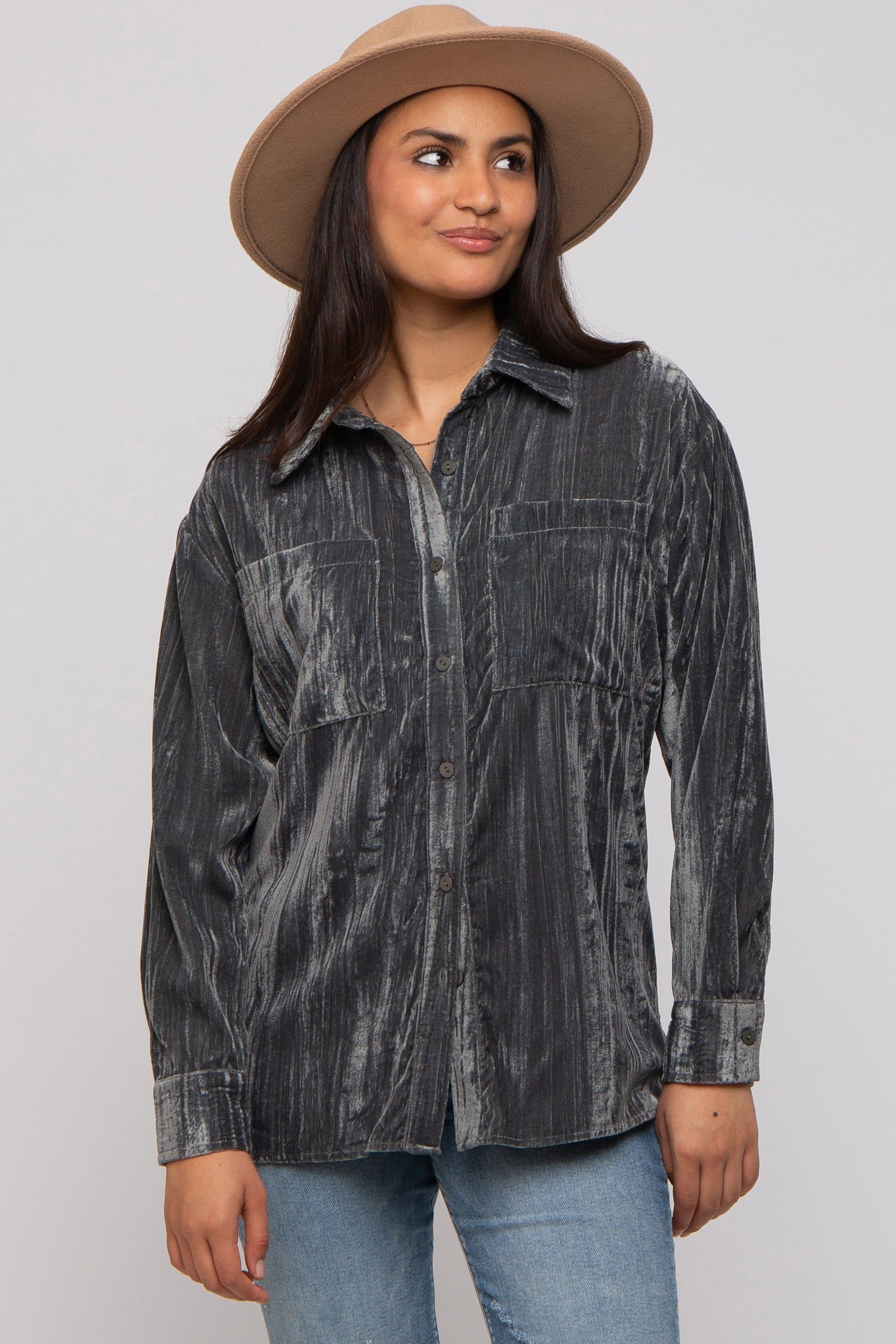 Charcoal Button Up Velvet Top sold by Pinkblush