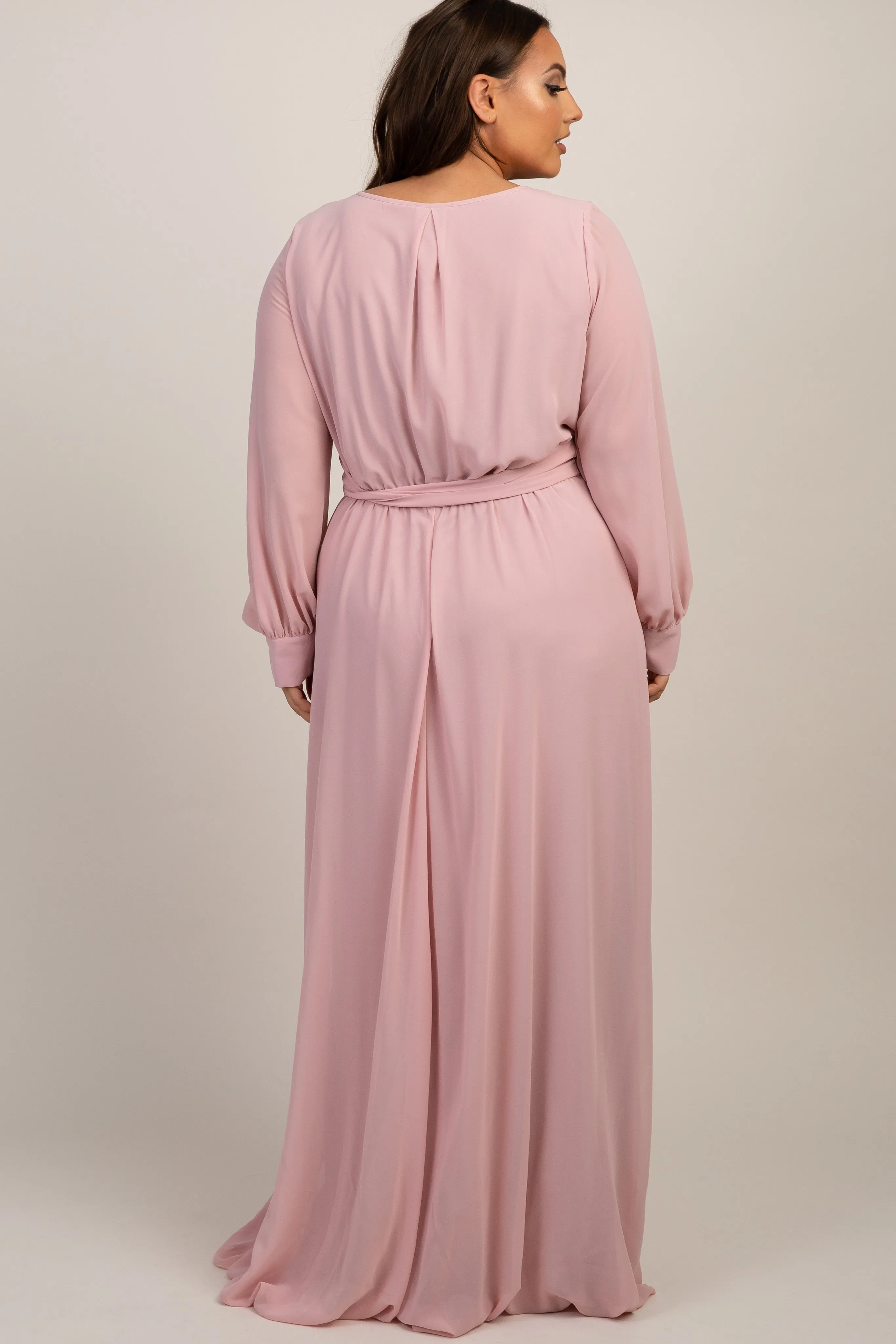 Light Pink Chiffon Long Sleeve Pleated Plus Maxi Dress sold by Pinkblush product image thumbnail 3