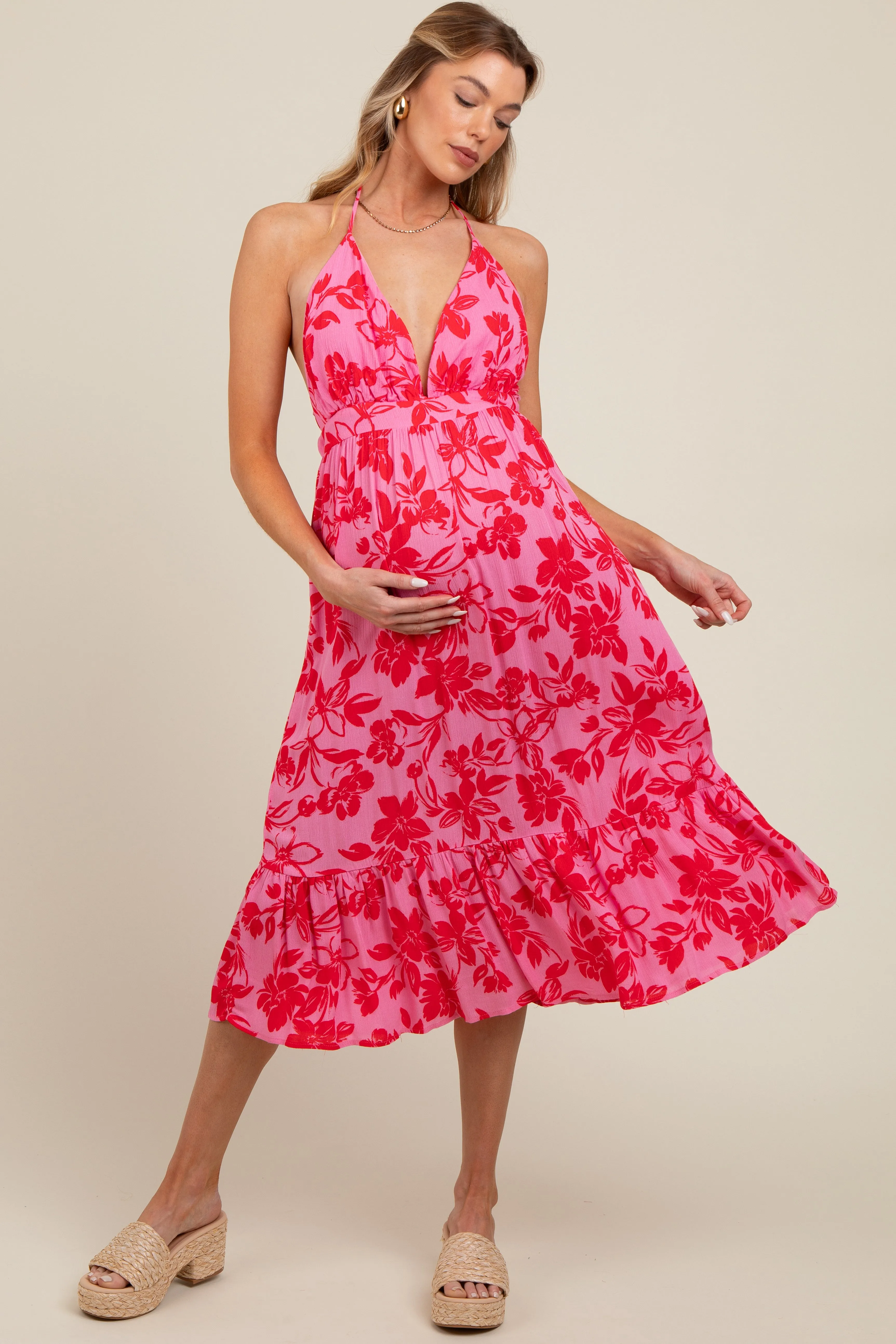 Pink Floral Print Halter Maternity Dress sold by Pinkblush product image thumbnail 2