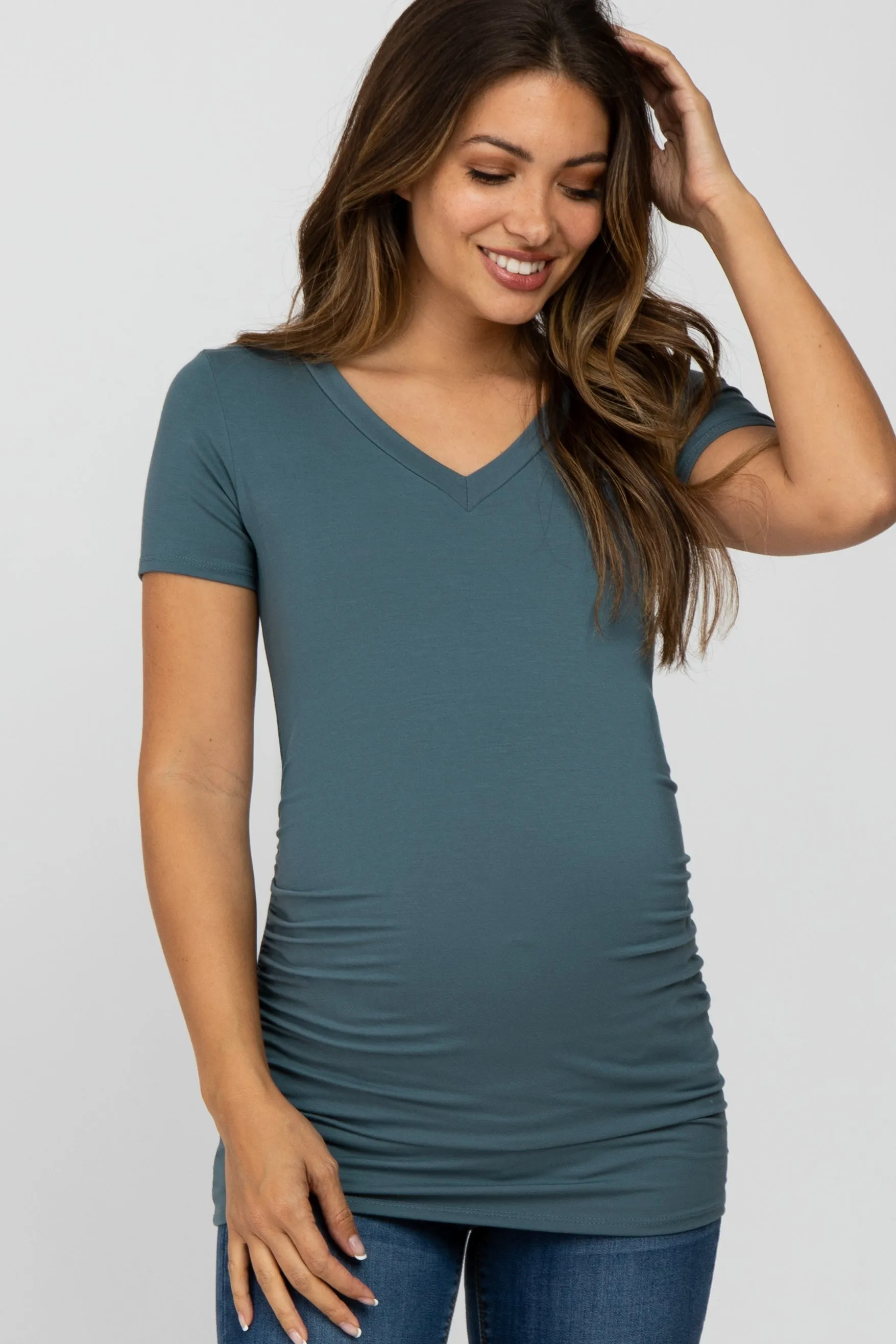 Teal V-Neck Ruched Side Maternity Top sold by Pinkblush
