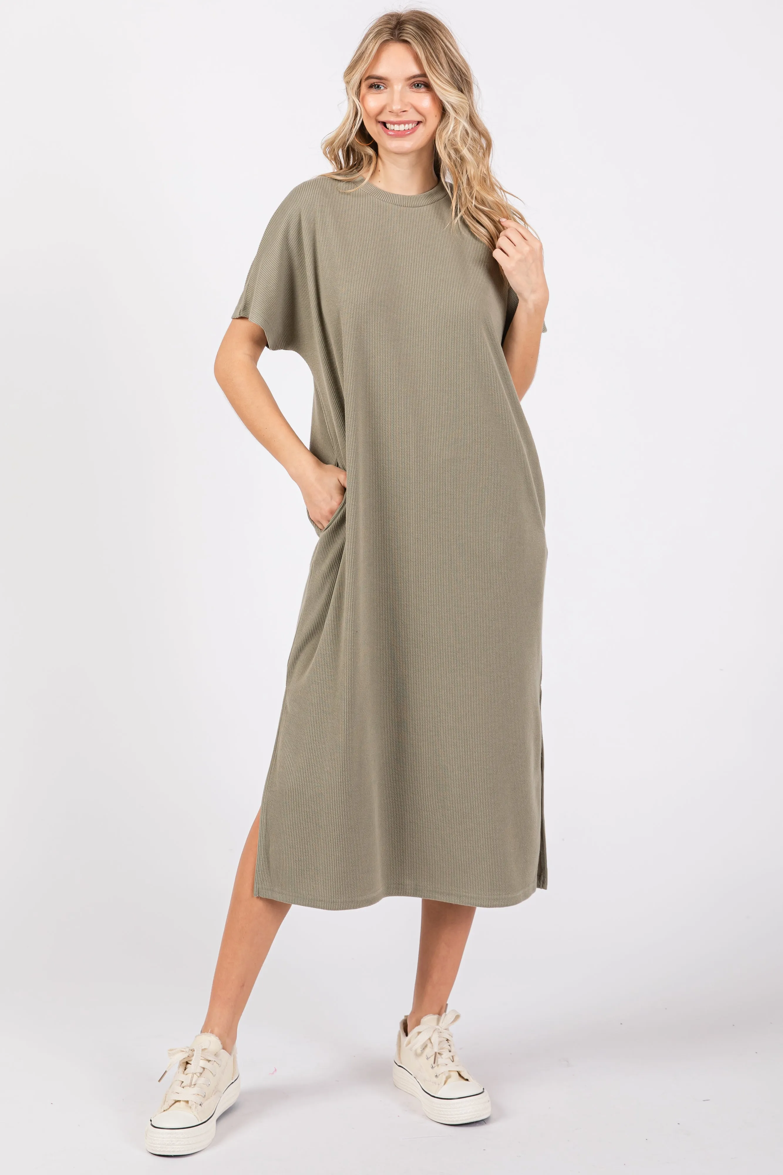Light Olive Ribbed Short Dolman Sleeve Side Slit Maternity Midi Dress sold by Pinkblush product image thumbnail 4