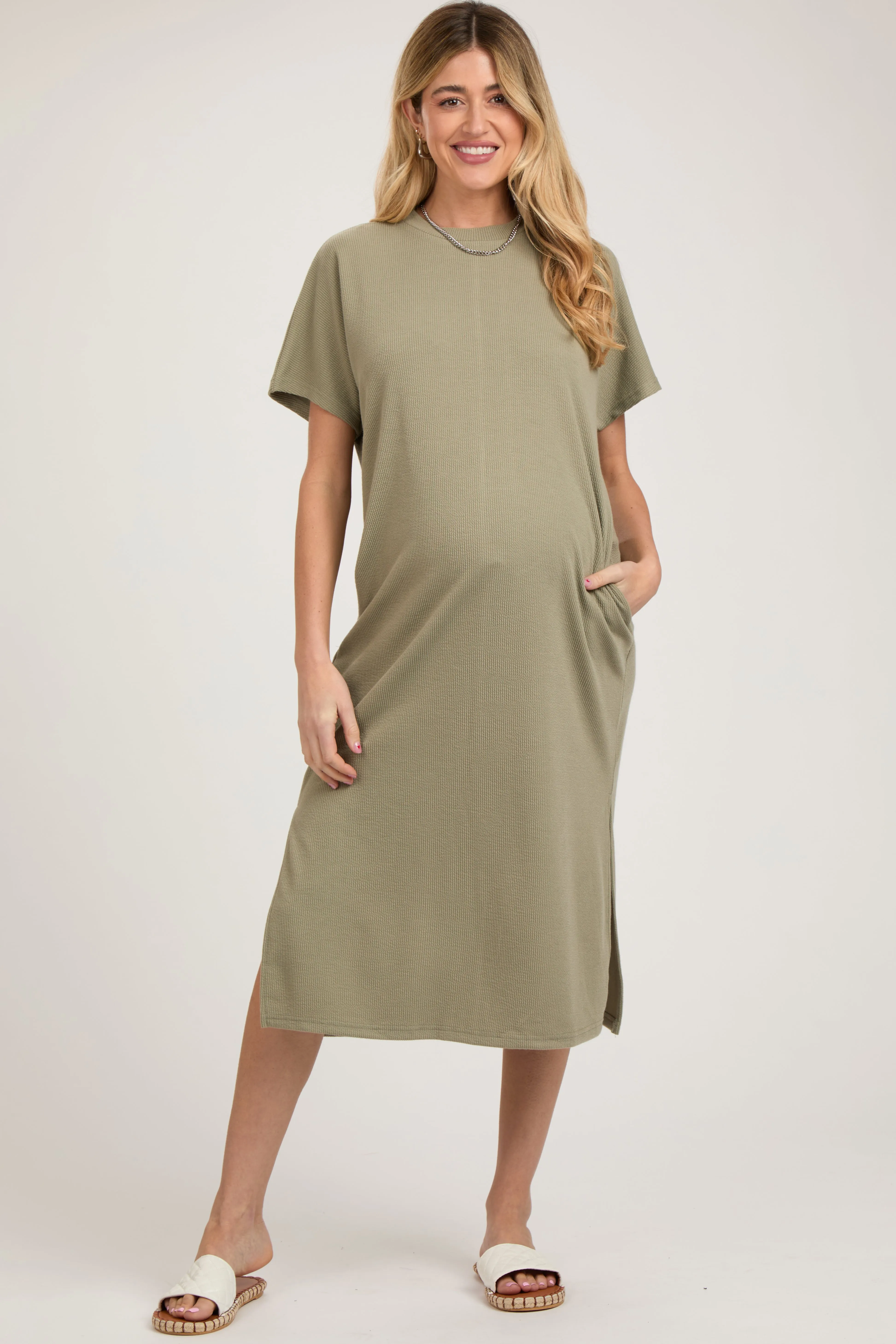 Light Olive Ribbed Short Dolman Sleeve Side Slit Maternity Midi Dress sold by Pinkblush
