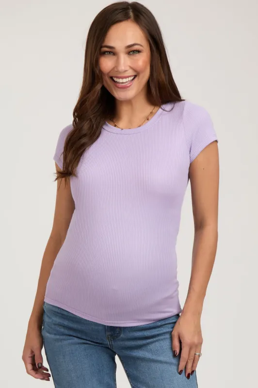 Lavender Ribbed Short Sleeve Maternity Top sold by Pinkblush
