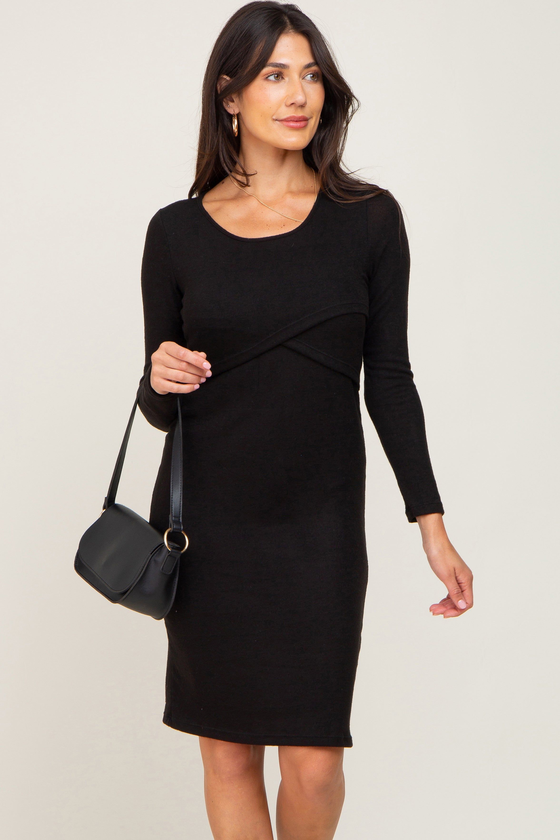 Black Brushed Knit Long Sleeve Maternity Wrap Nursing Dress sold by Pinkblush product image thumbnail 5