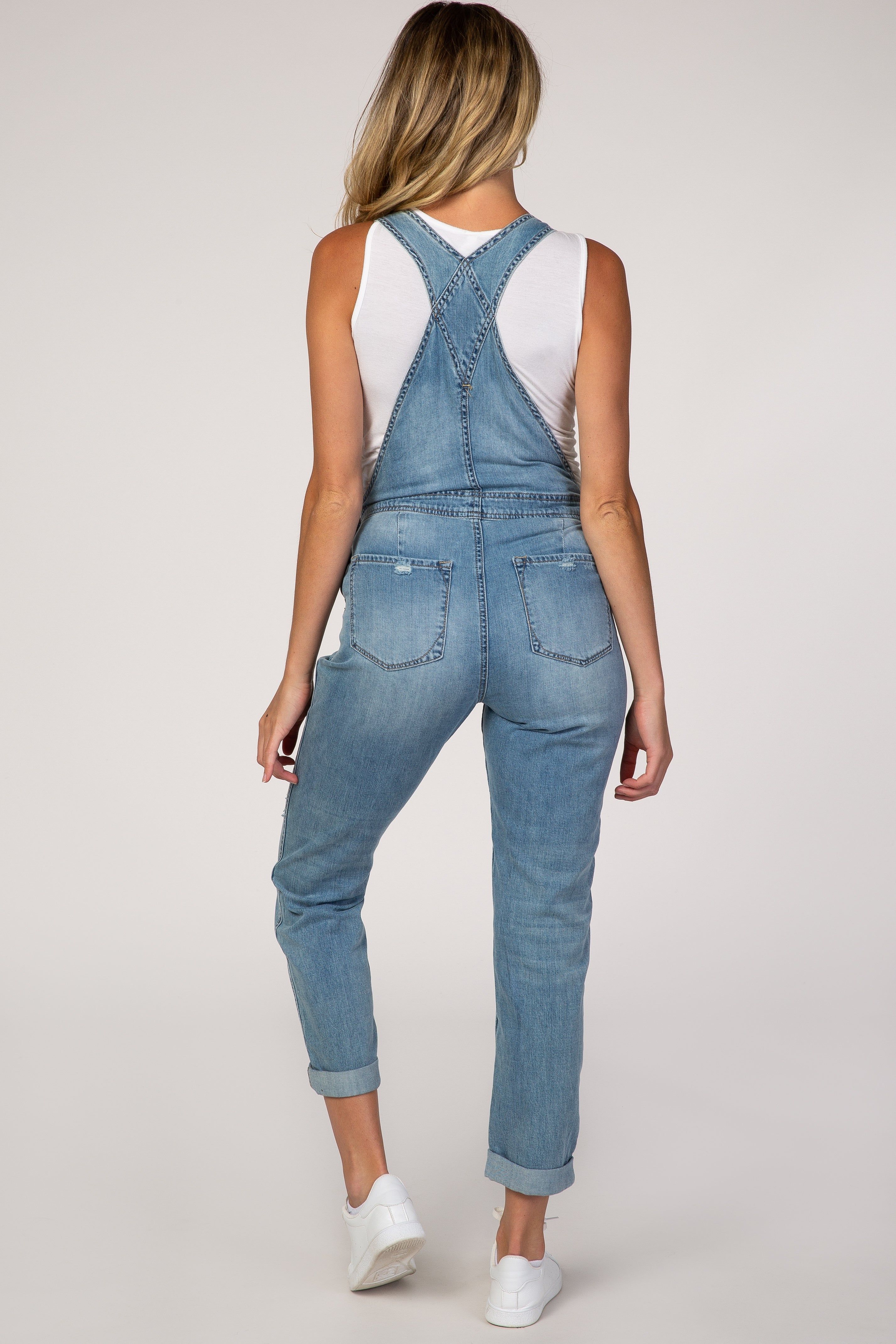Light Wash Distressed Maternity Denim Overalls sold by Pinkblush product image thumbnail 3