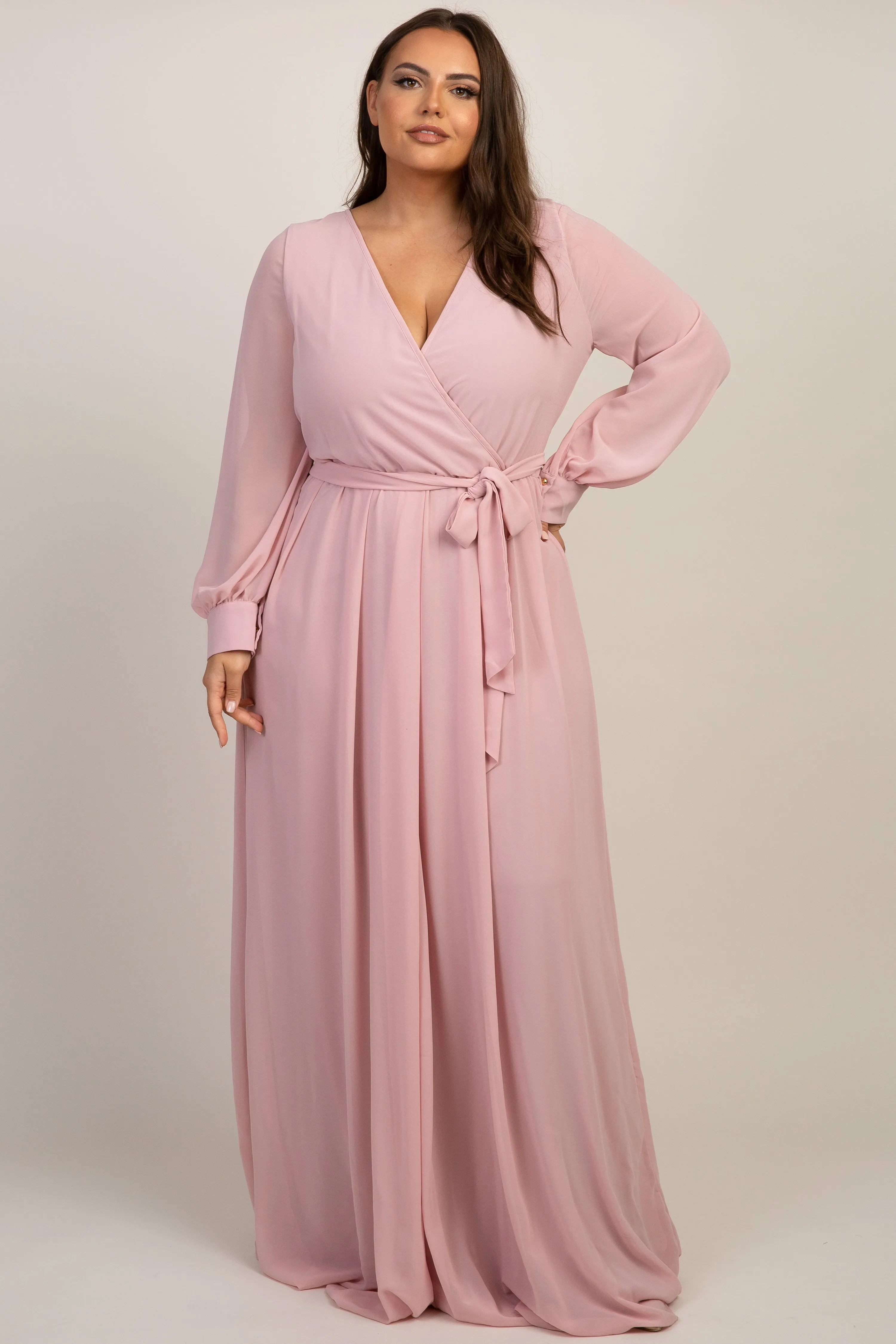 Light Pink Chiffon Long Sleeve Pleated Plus Maxi Dress sold by Pinkblush