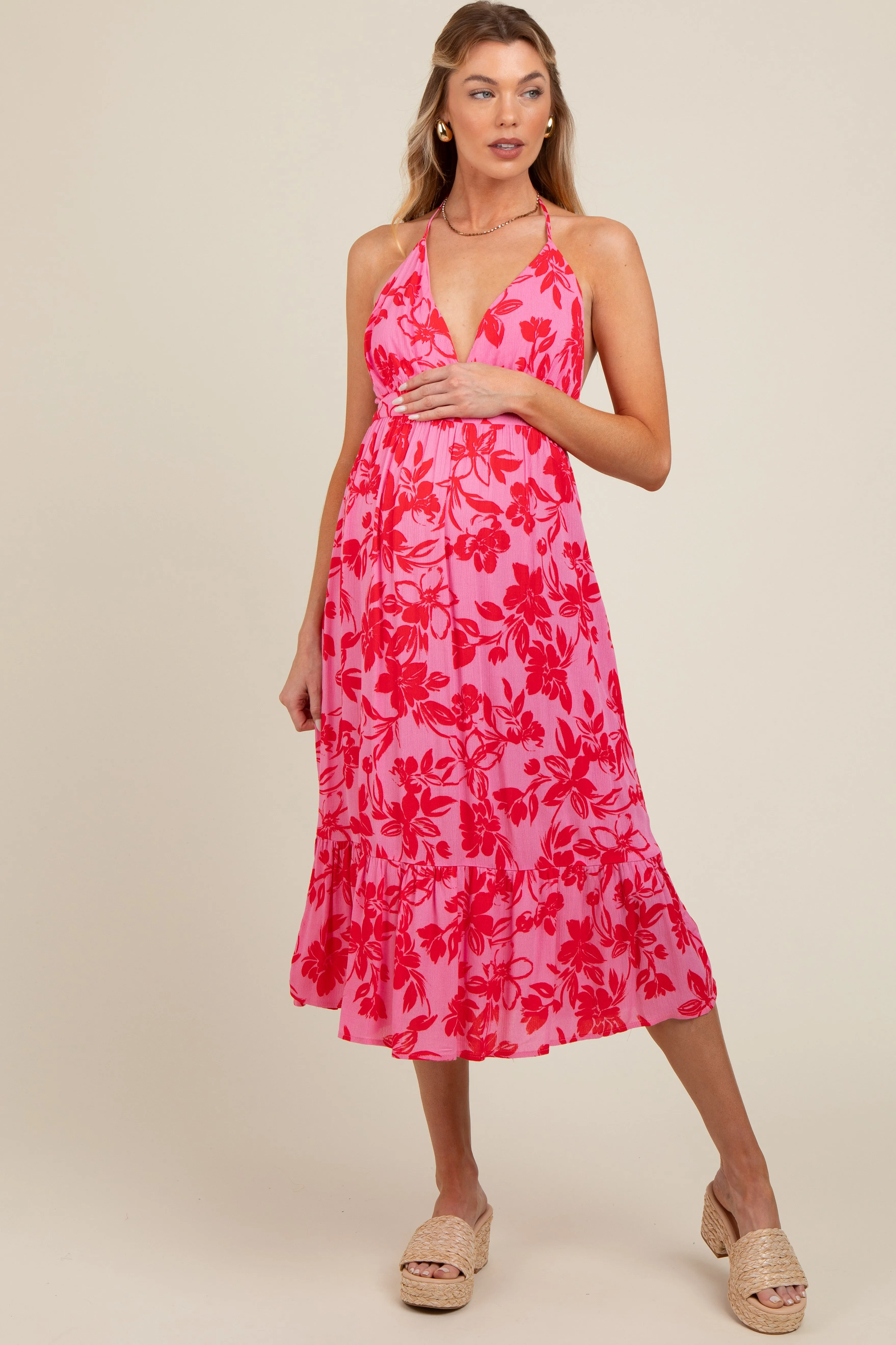 Pink Floral Print Halter Maternity Dress sold by Pinkblush product image thumbnail 3