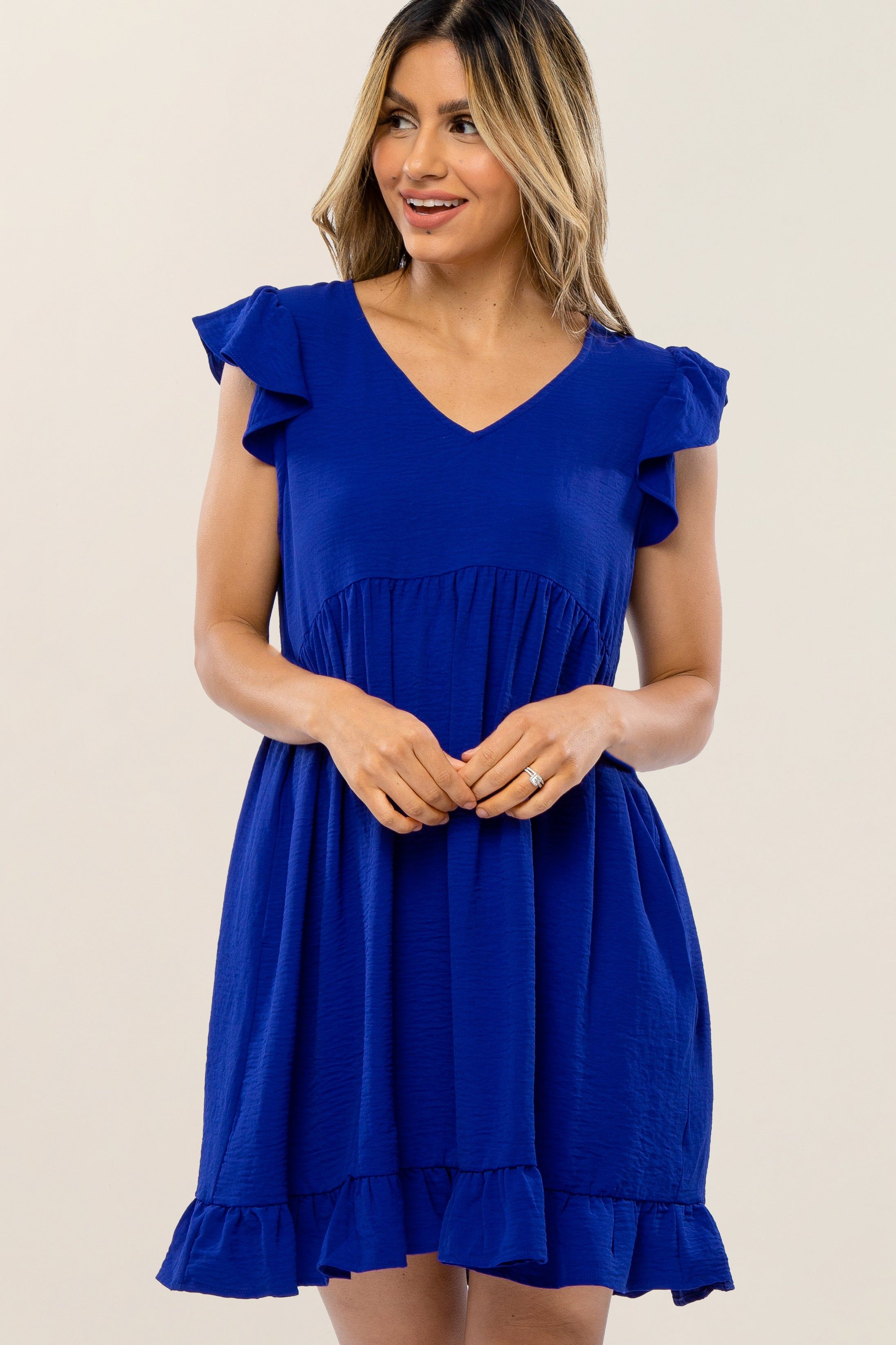Royal Blue Ruffle Hem V-Neck Dress sold by Pinkblush