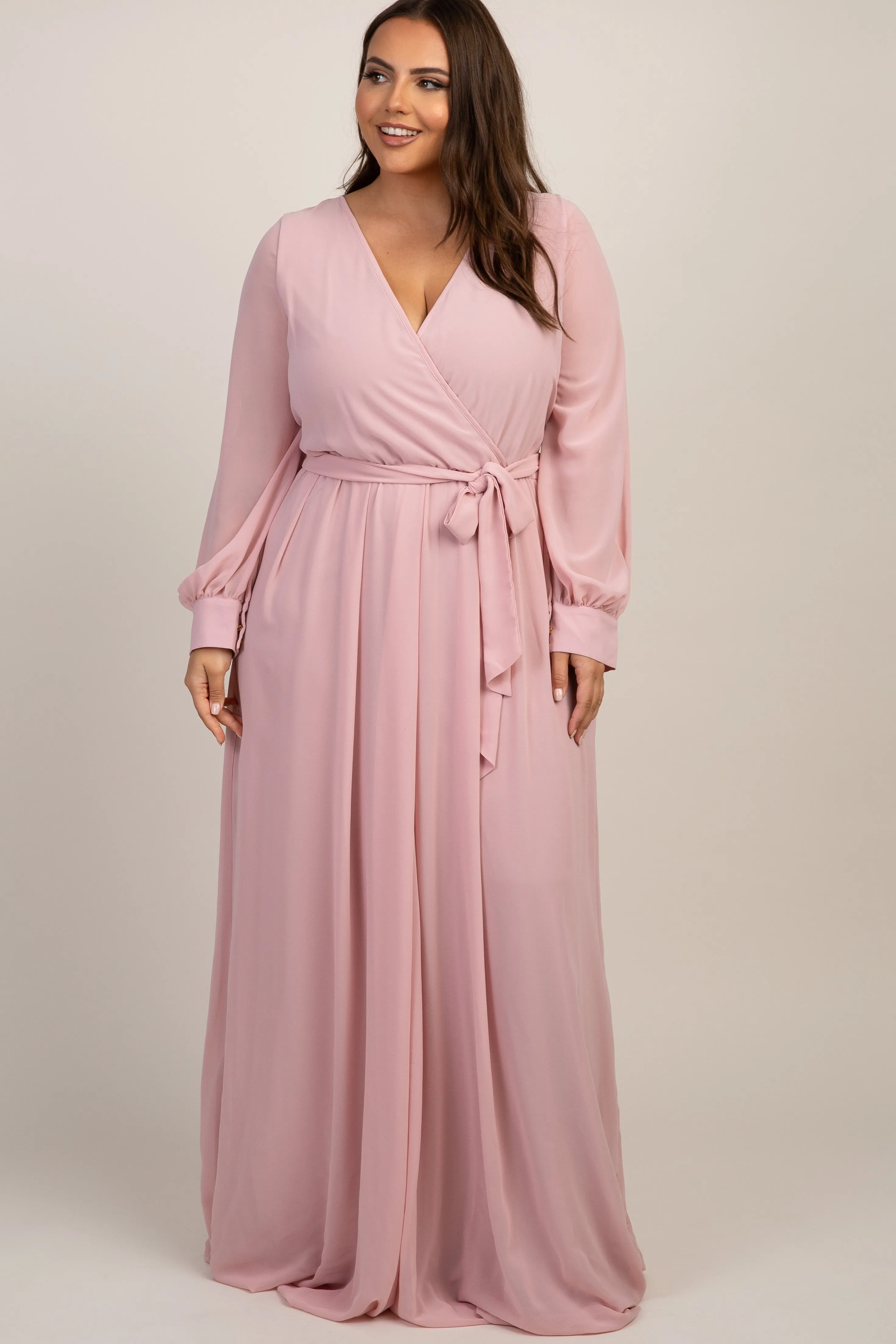 Light Pink Chiffon Long Sleeve Pleated Plus Maxi Dress sold by Pinkblush product image thumbnail 4