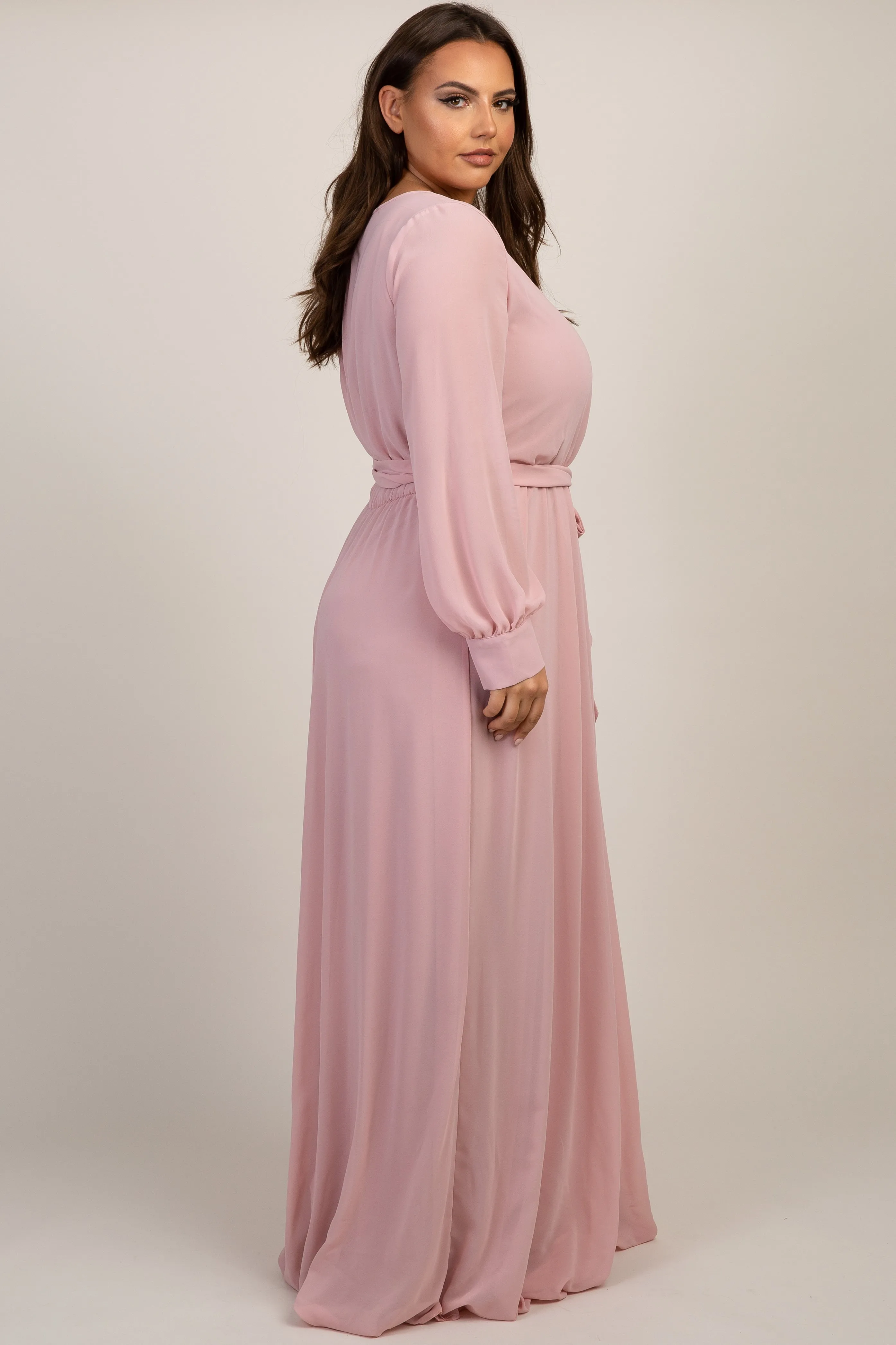 Light Pink Chiffon Long Sleeve Pleated Plus Maxi Dress sold by Pinkblush product image thumbnail 2