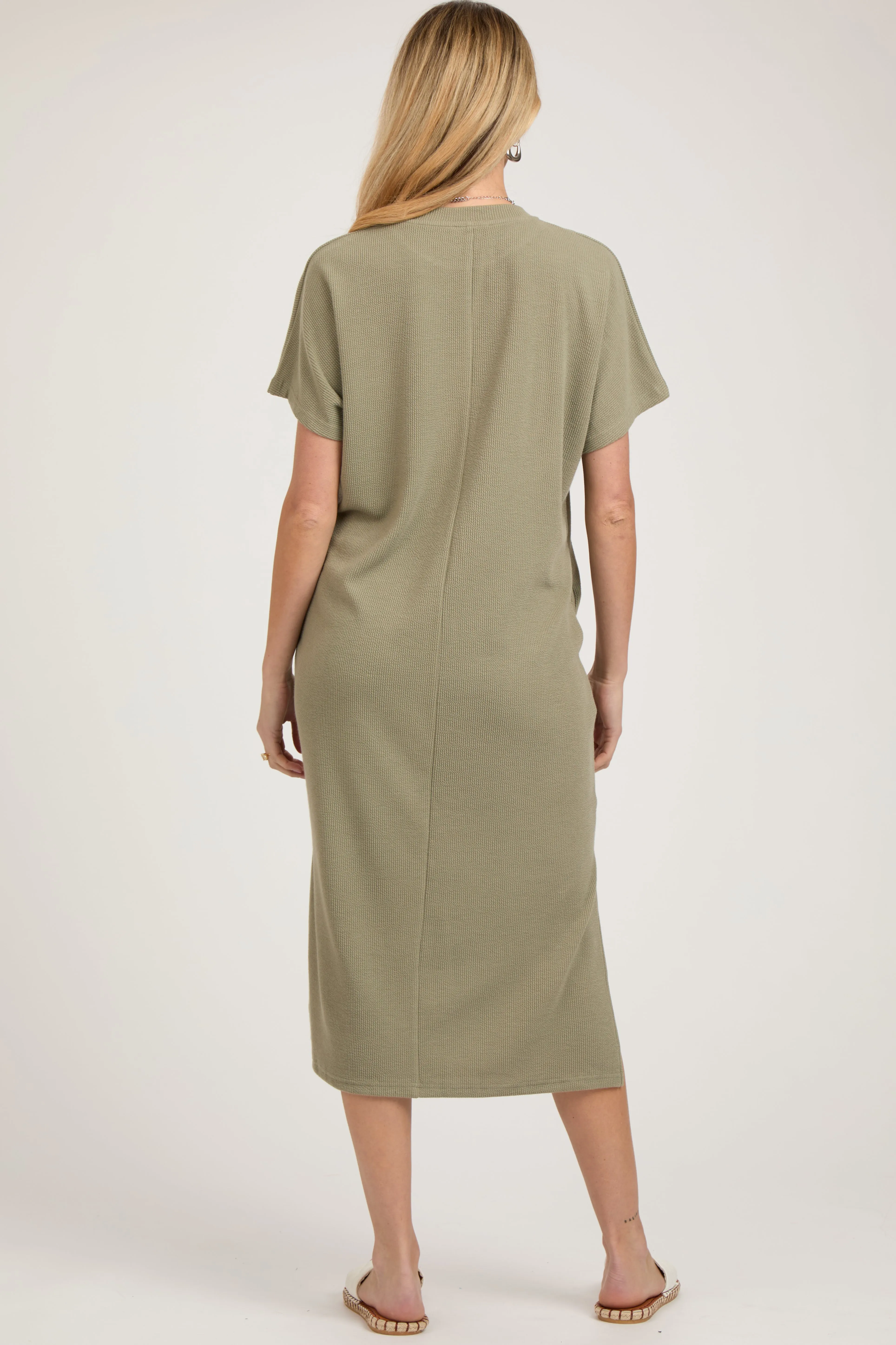 Light Olive Ribbed Short Dolman Sleeve Side Slit Maternity Midi Dress sold by Pinkblush product image thumbnail 3