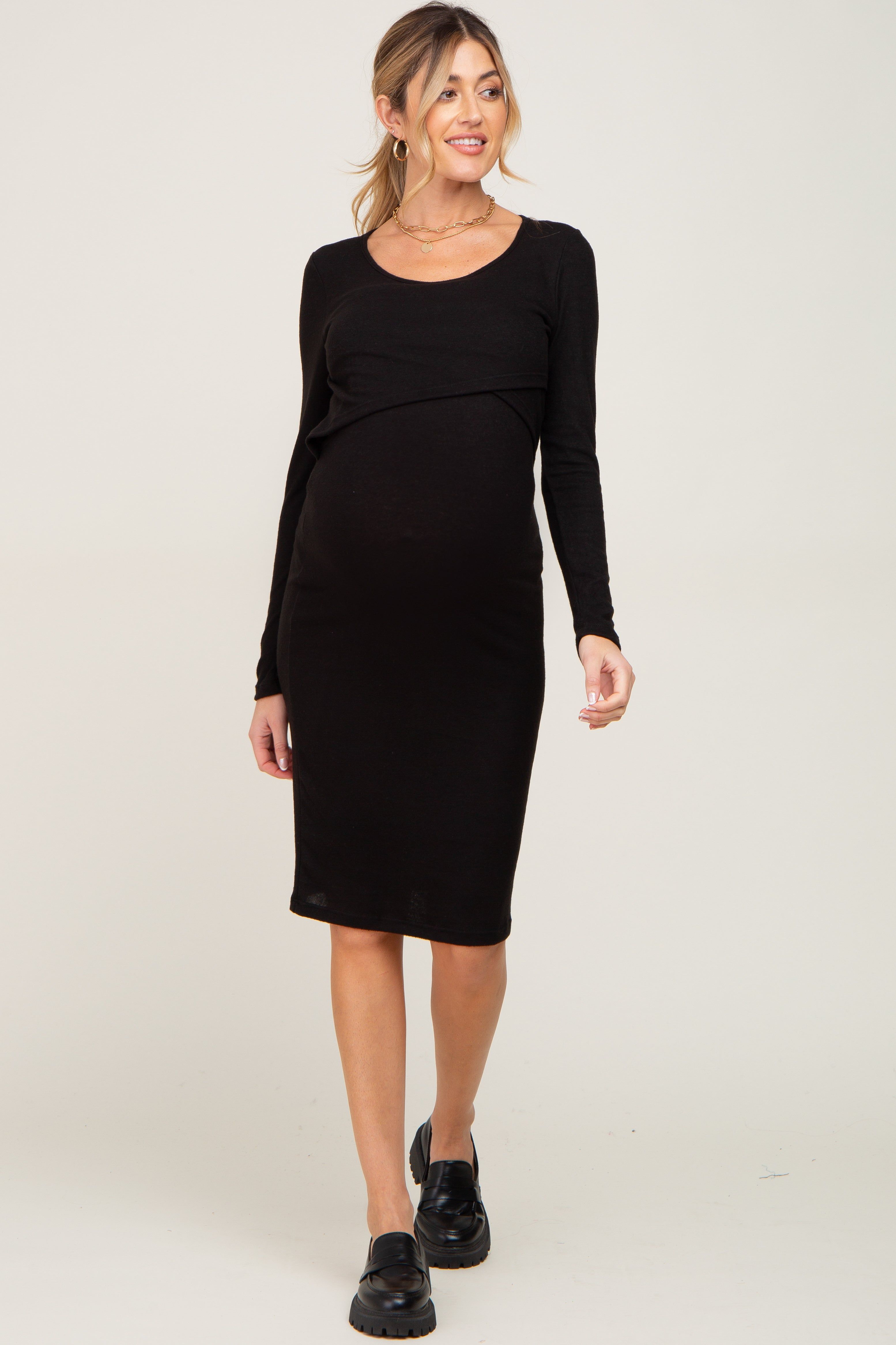 Black Brushed Knit Long Sleeve Maternity Wrap Nursing Dress sold by Pinkblush