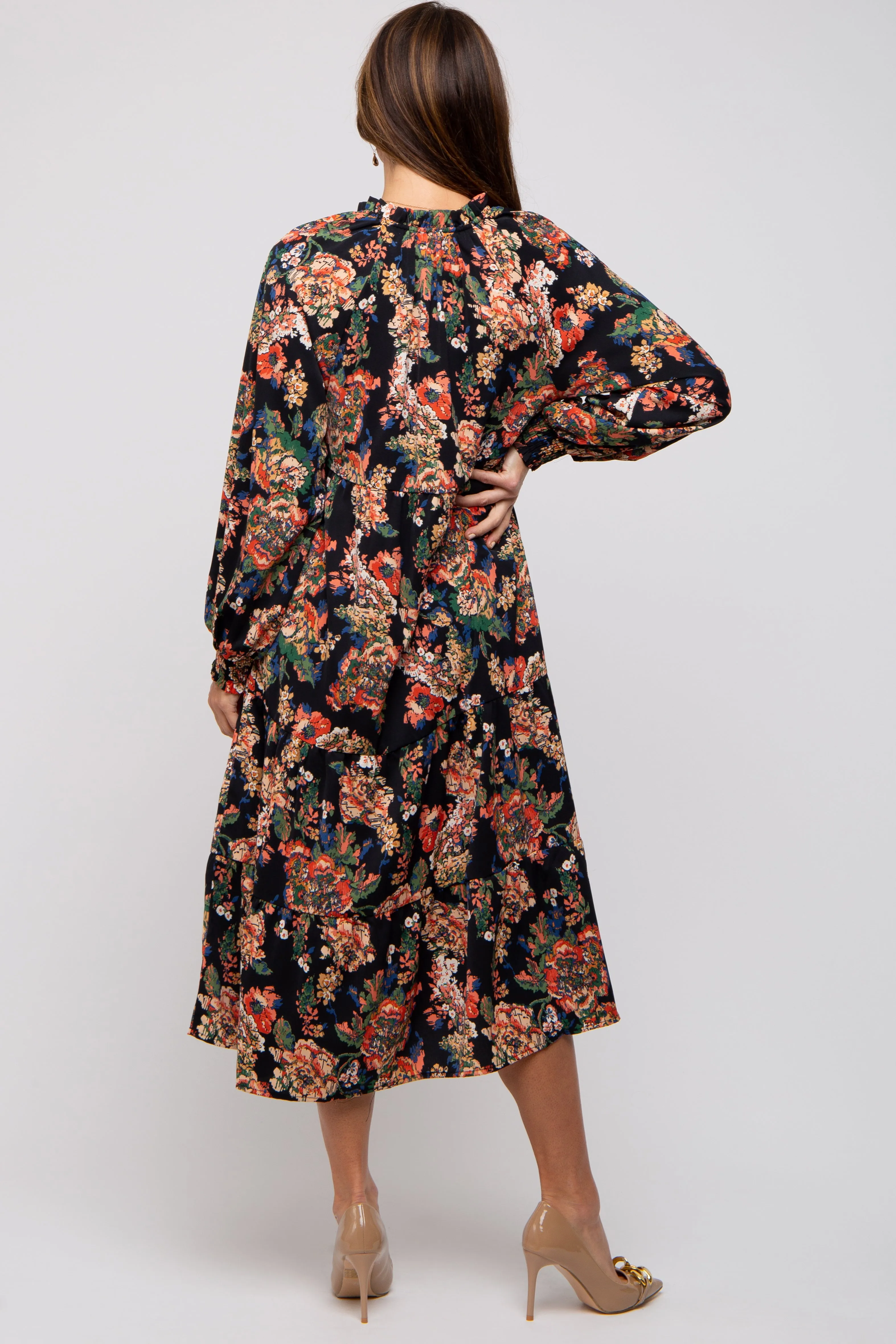 Black Floral Ruffle Neck Tiered Midi Dress sold by Pinkblush product image thumbnail 3