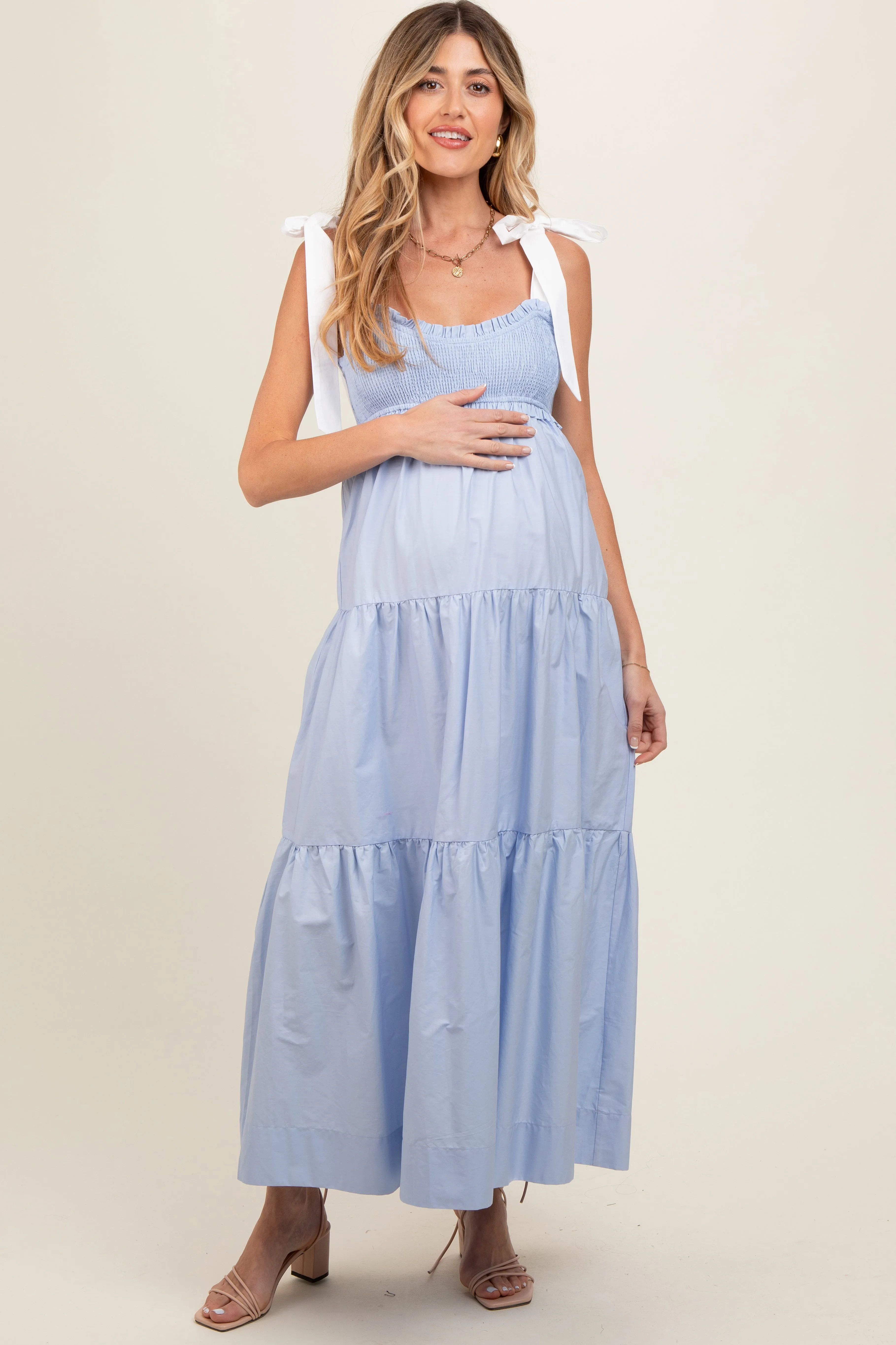 Light Blue Contrast Shoulder Straps Maternity Maxi Dress sold by Pinkblush