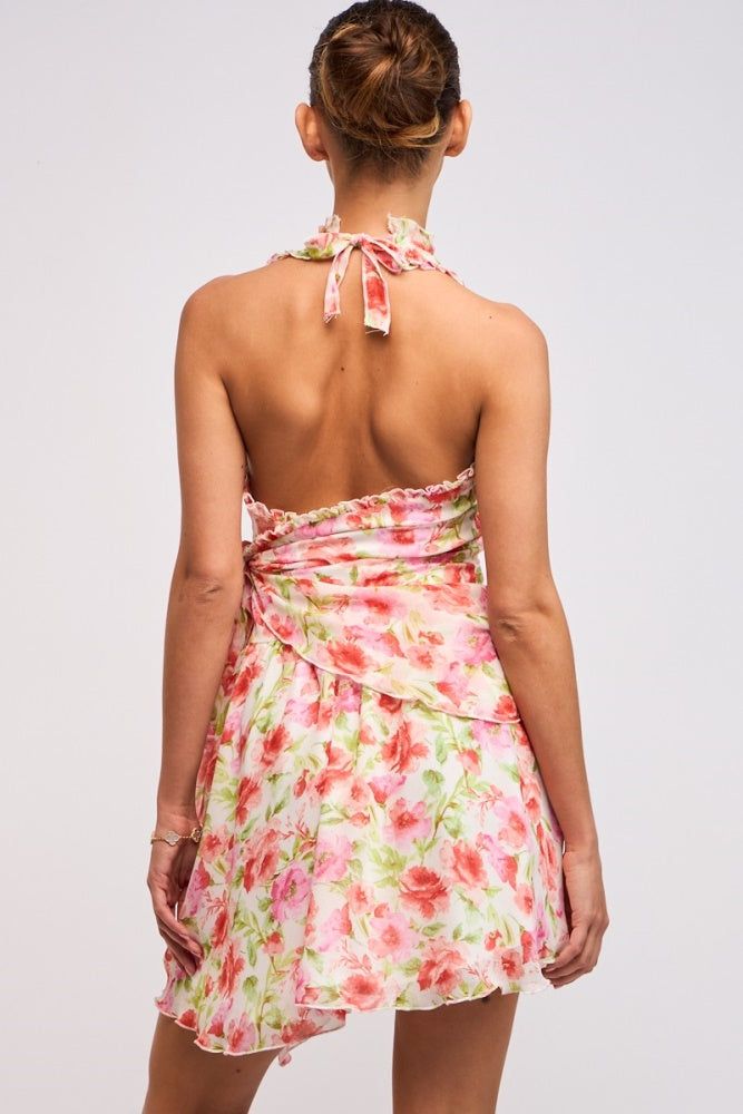 Ivory Floral Halter Wrap Side Ruffle Tie Mini Dress sold by Pinkblush product image thumbnail 4