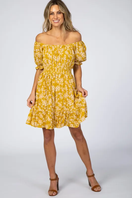 Mustard Floral Off Shoulder Mini Dress sold by Pinkblush