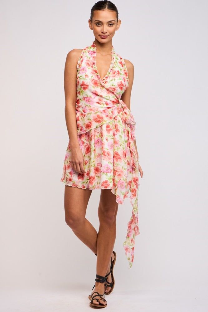 Ivory Floral Halter Wrap Side Ruffle Tie Mini Dress sold by Pinkblush