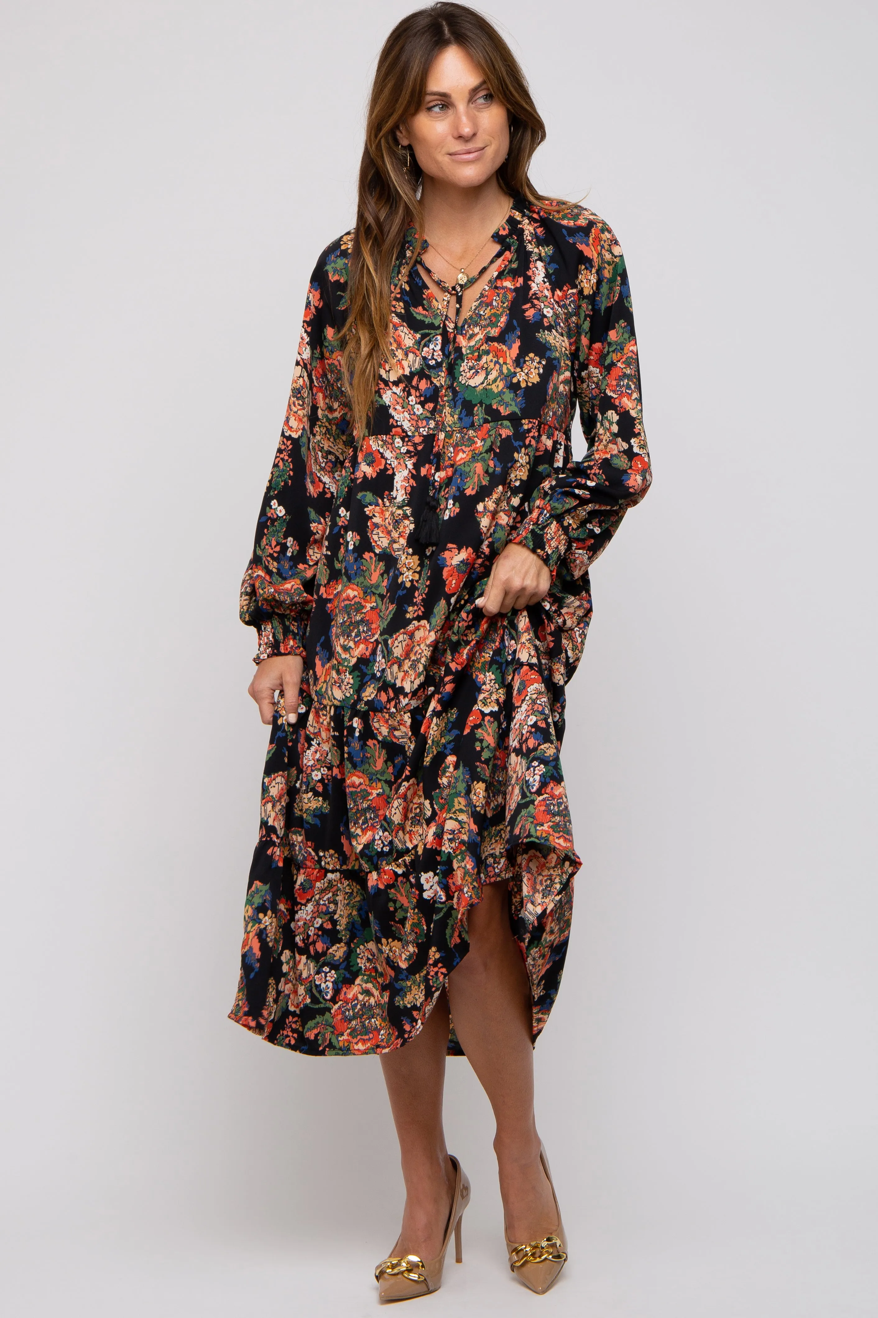 Black Floral Ruffle Neck Tiered Midi Dress sold by Pinkblush product image thumbnail 4