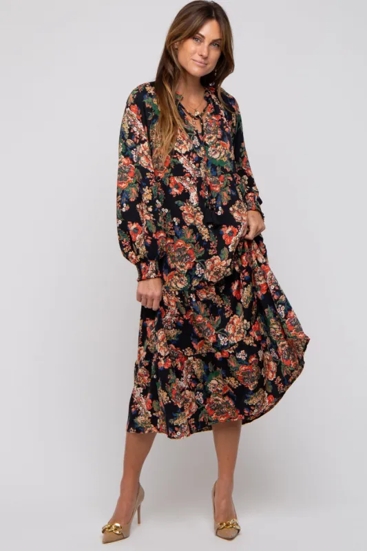 Black Floral Ruffle Neck Tiered Midi Dress sold by Pinkblush