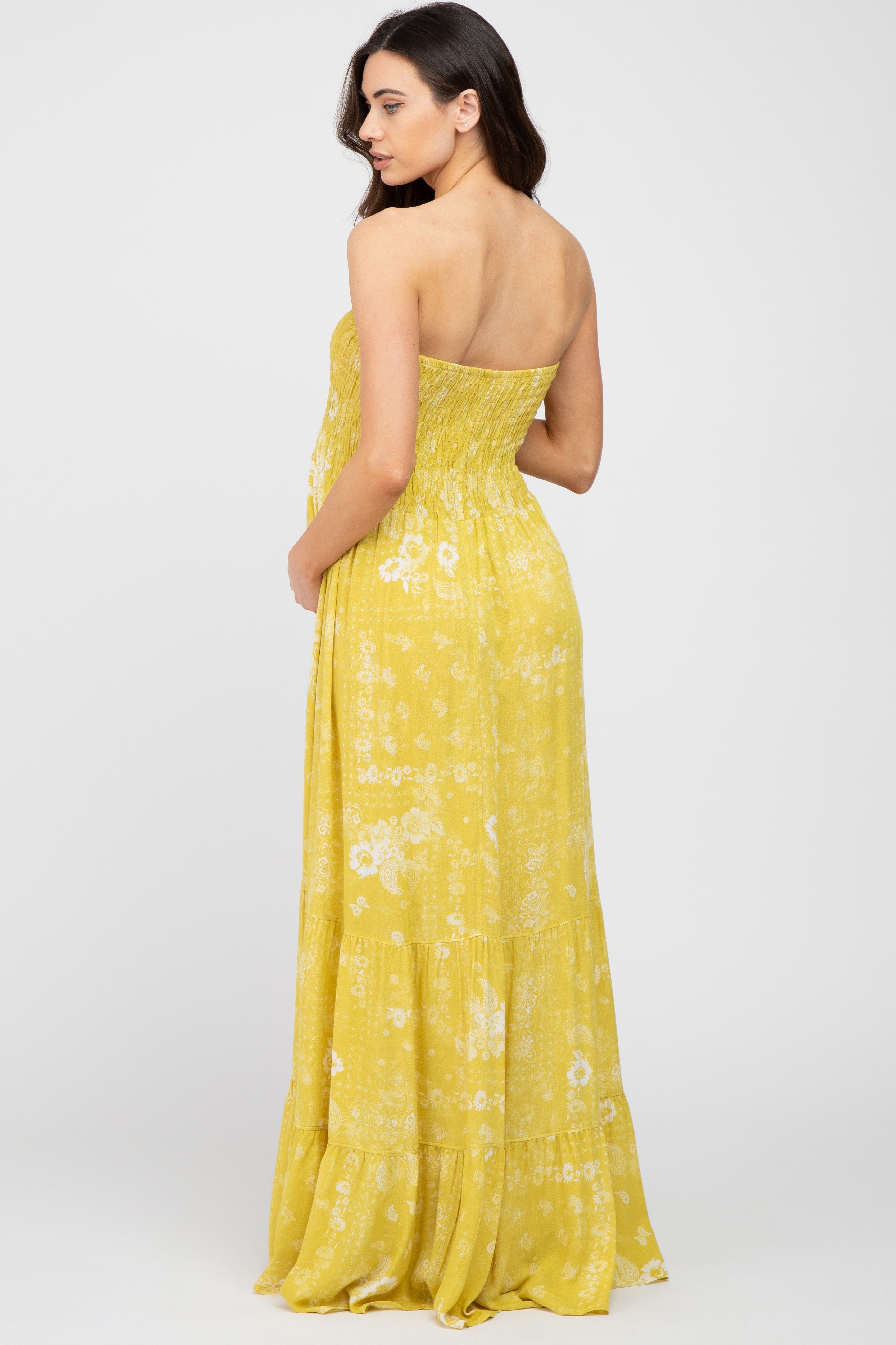Yellow Floral Paisley Smocked Strapless Maternity Maxi Dress sold by Pinkblush product image thumbnail 2