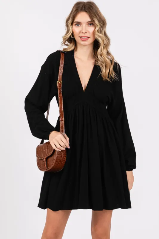 Black Linen Deep V-Neck Long Sleeve Dress sold by Pinkblush