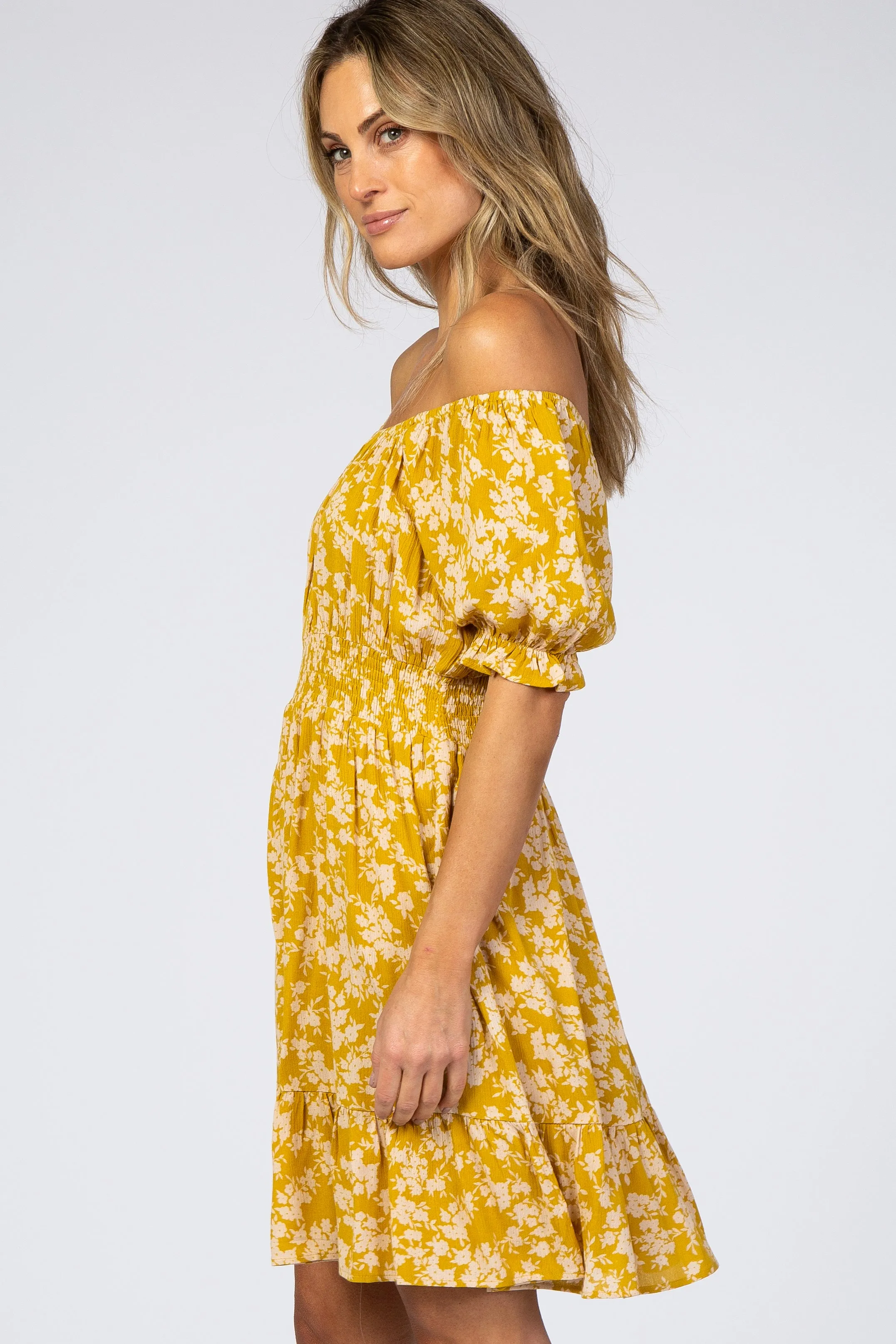 Mustard Floral Off Shoulder Mini Dress sold by Pinkblush product image thumbnail 2