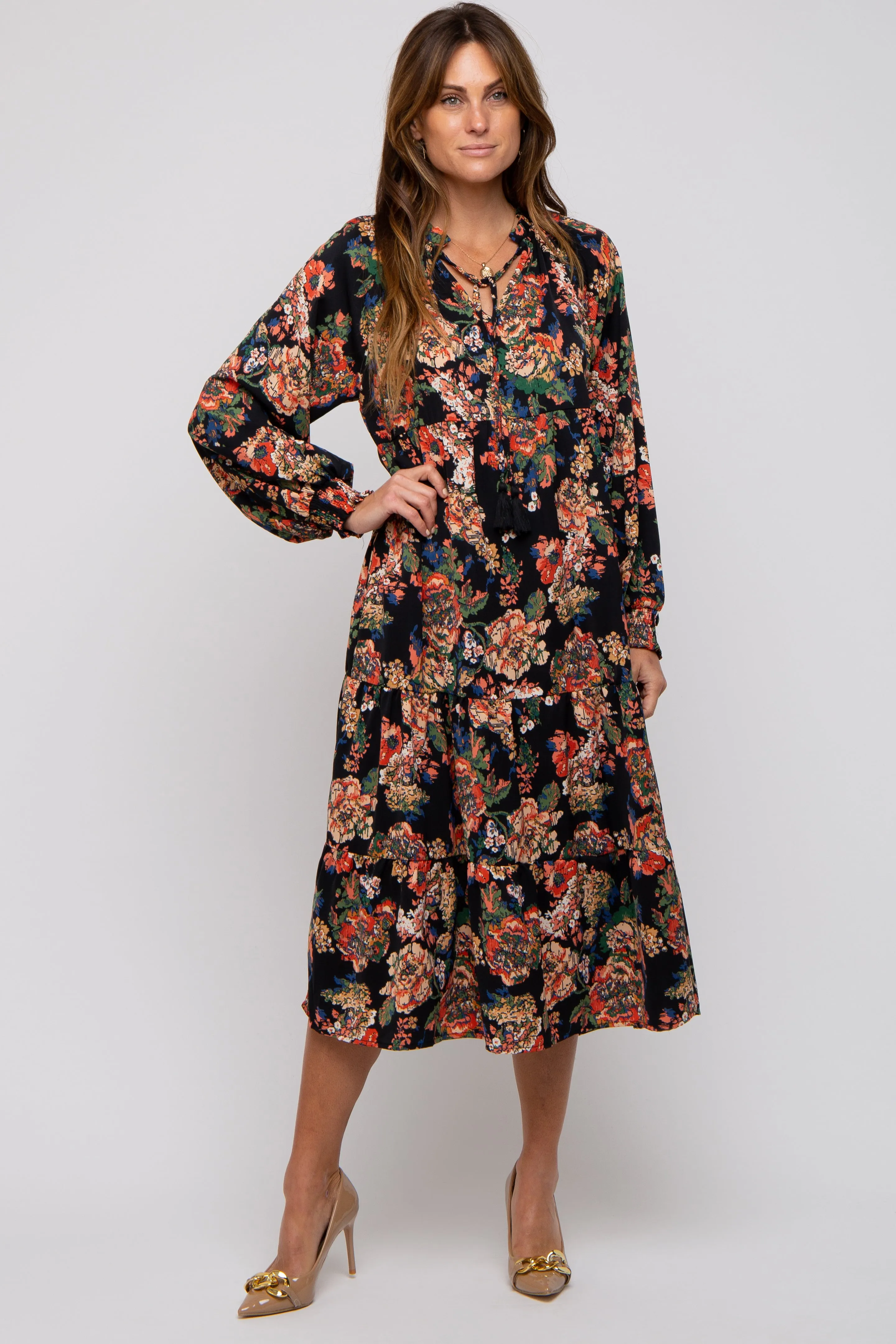 Black Floral Ruffle Neck Tiered Midi Dress sold by Pinkblush product image thumbnail 5