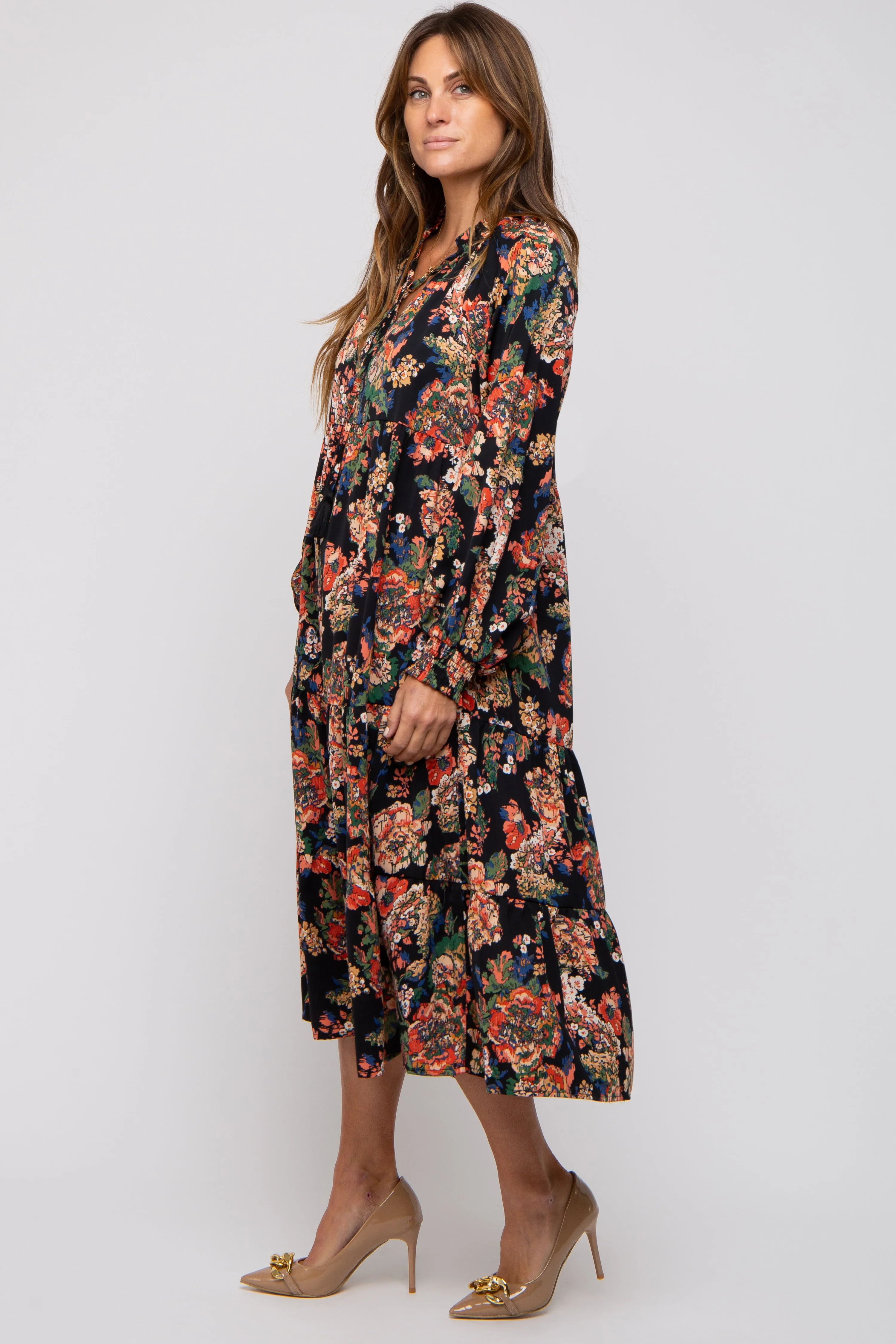 Black Floral Ruffle Neck Tiered Midi Dress sold by Pinkblush product image thumbnail 2