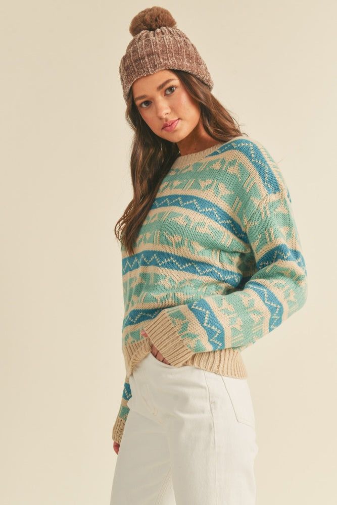 Mint Teal Abstract Faire Isle Striped Sweater sold by Pinkblush product image thumbnail 2