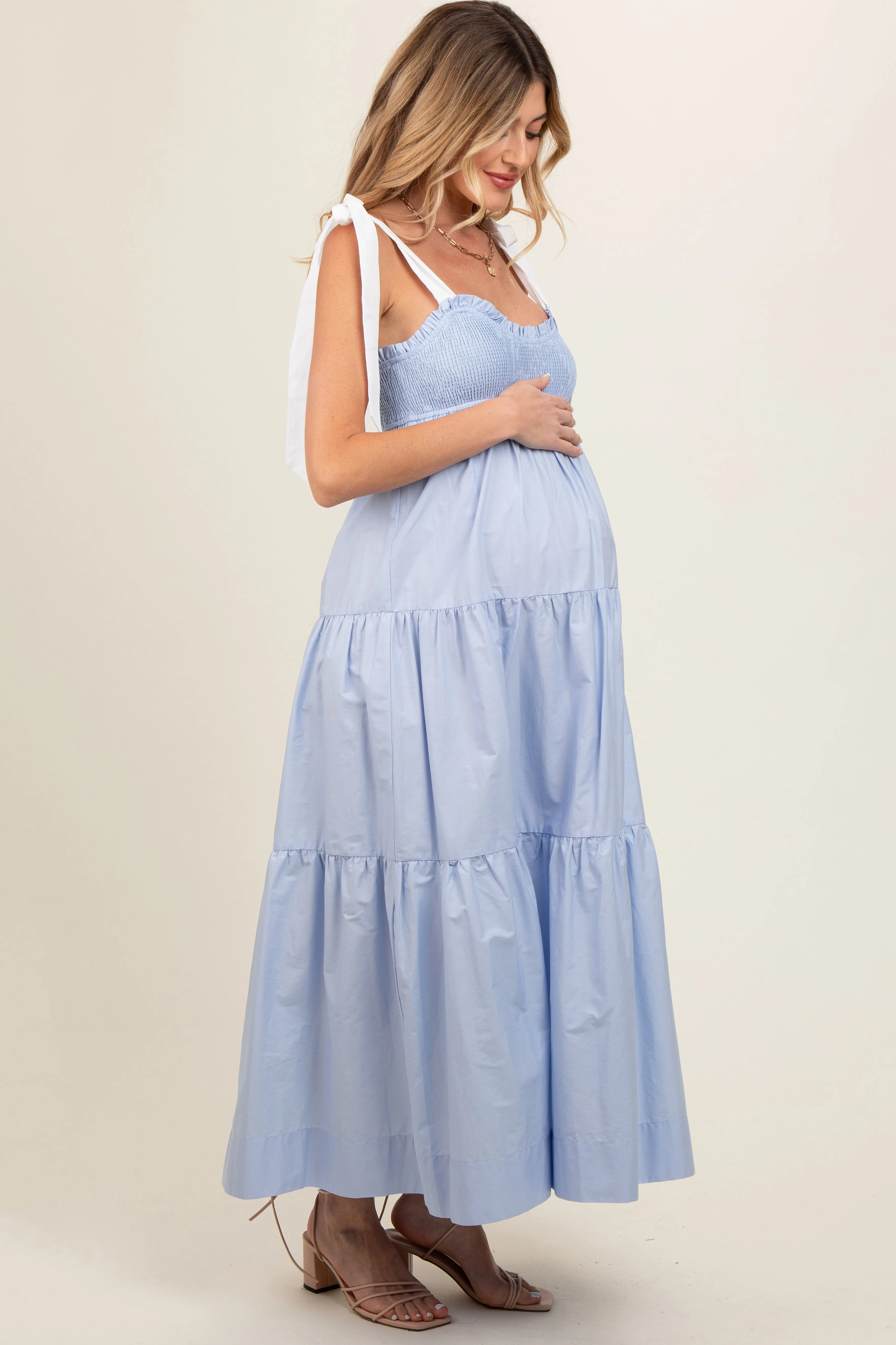 Light Blue Contrast Shoulder Straps Maternity Maxi Dress sold by Pinkblush product image thumbnail 3