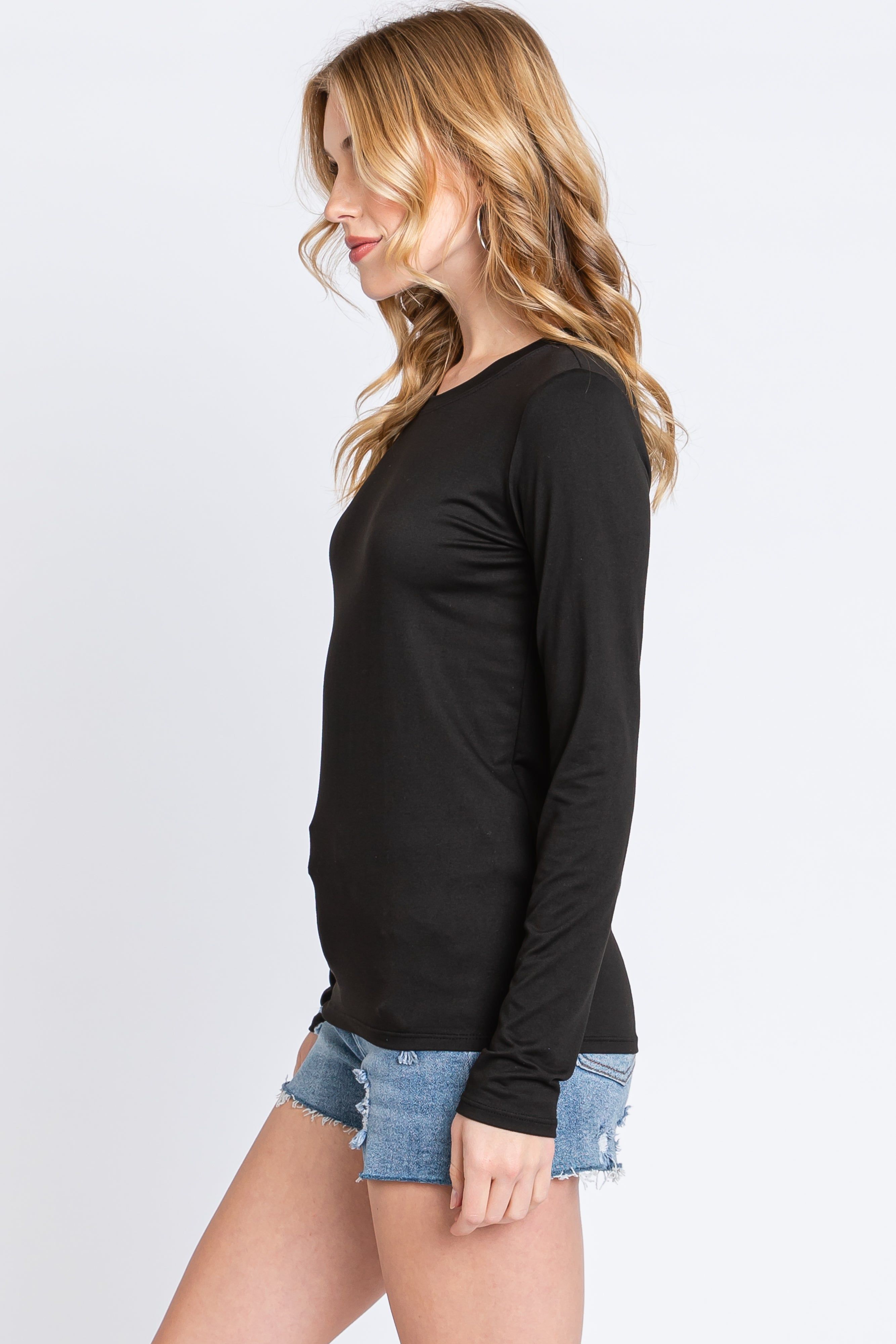Black Waffle Knit Basic Long Sleeve Top sold by Pinkblush product image thumbnail 2