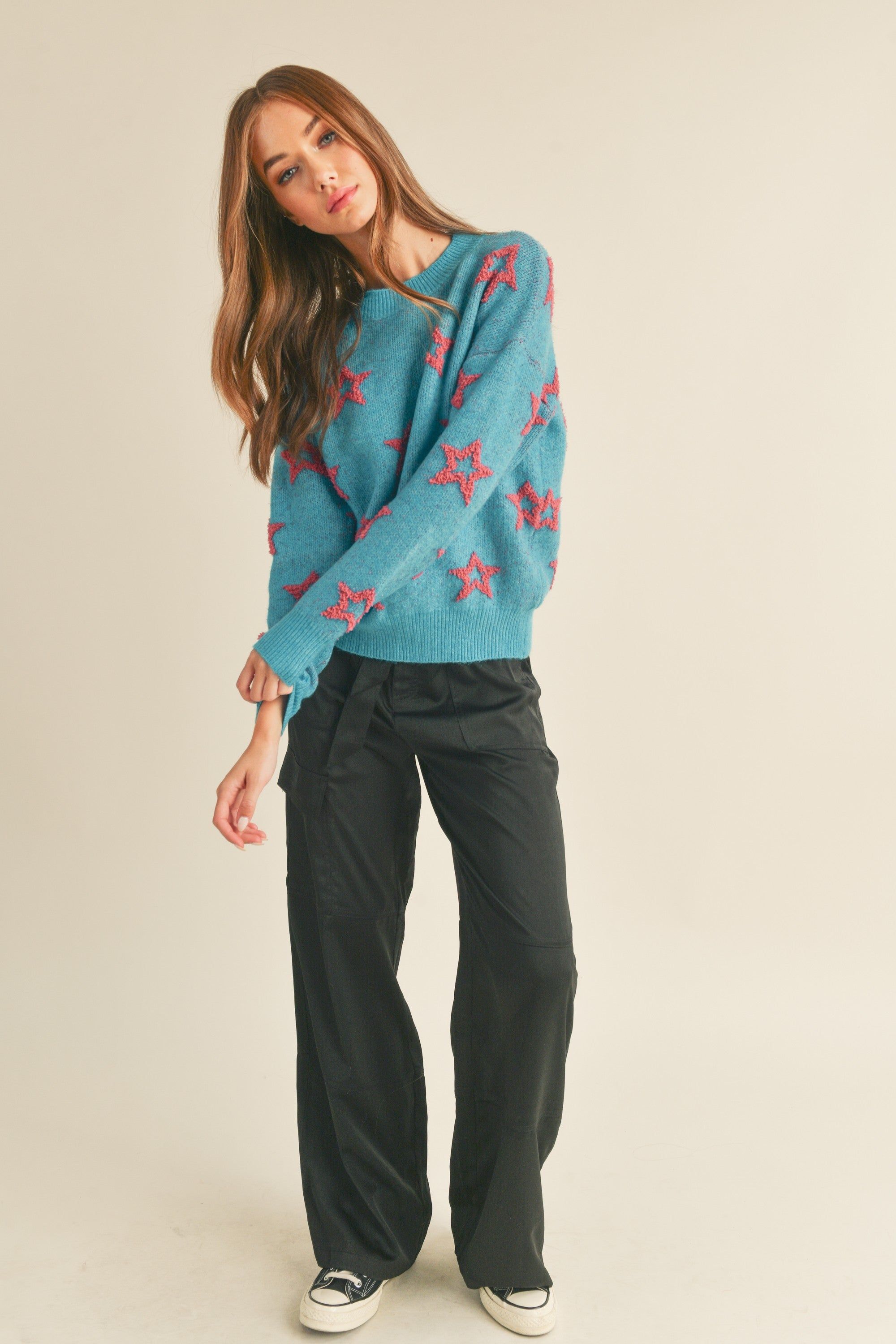 Blue Crew Neck Sweater With Fuzzy Stars sold by Pinkblush product image thumbnail 3