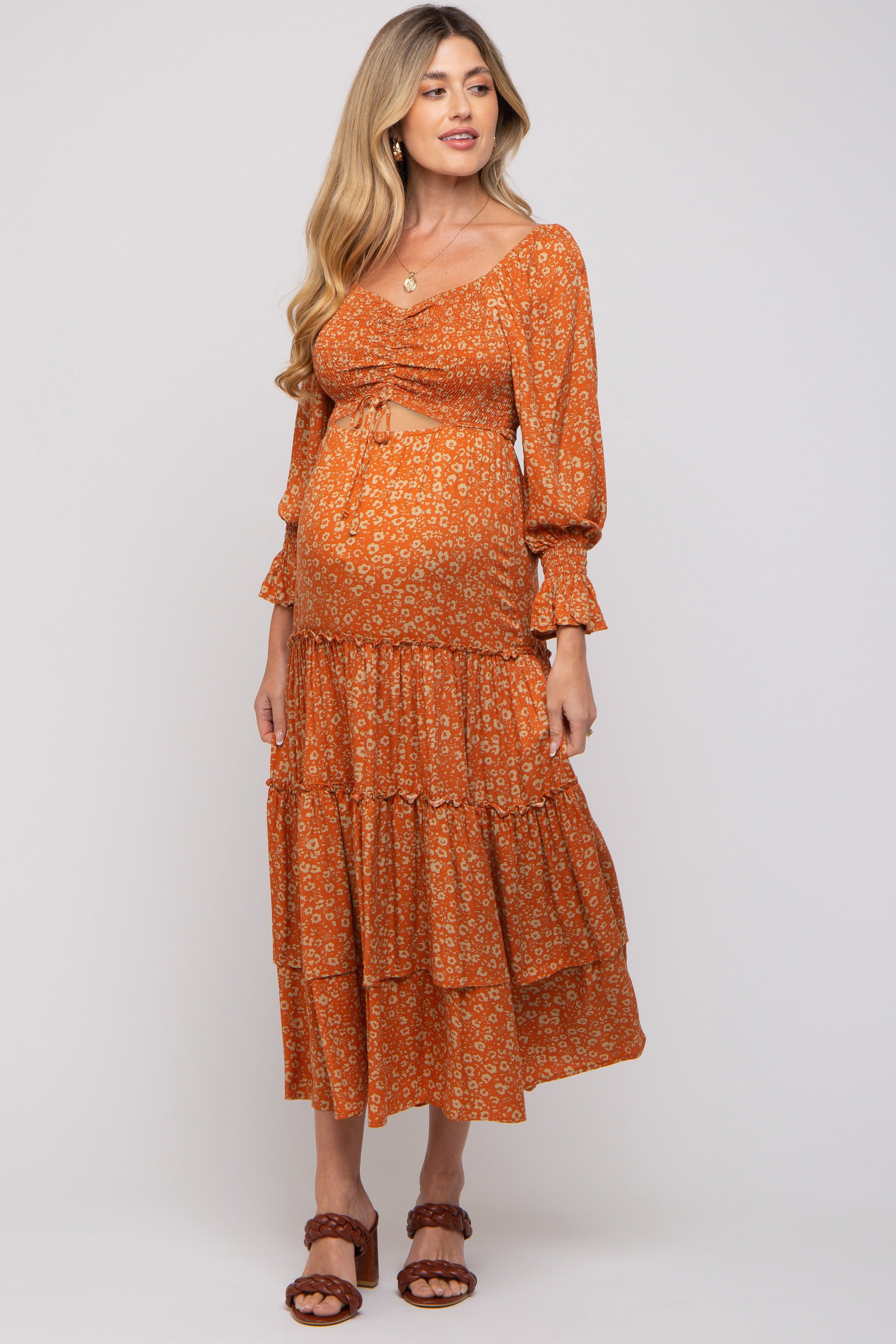 Rust Floral Smocked Front Cutout Tiered Maternity Maxi Dress sold by Pinkblush