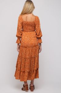 Rust Floral Smocked Front Cutout Tiered Maternity Maxi Dress sold by Pinkblush