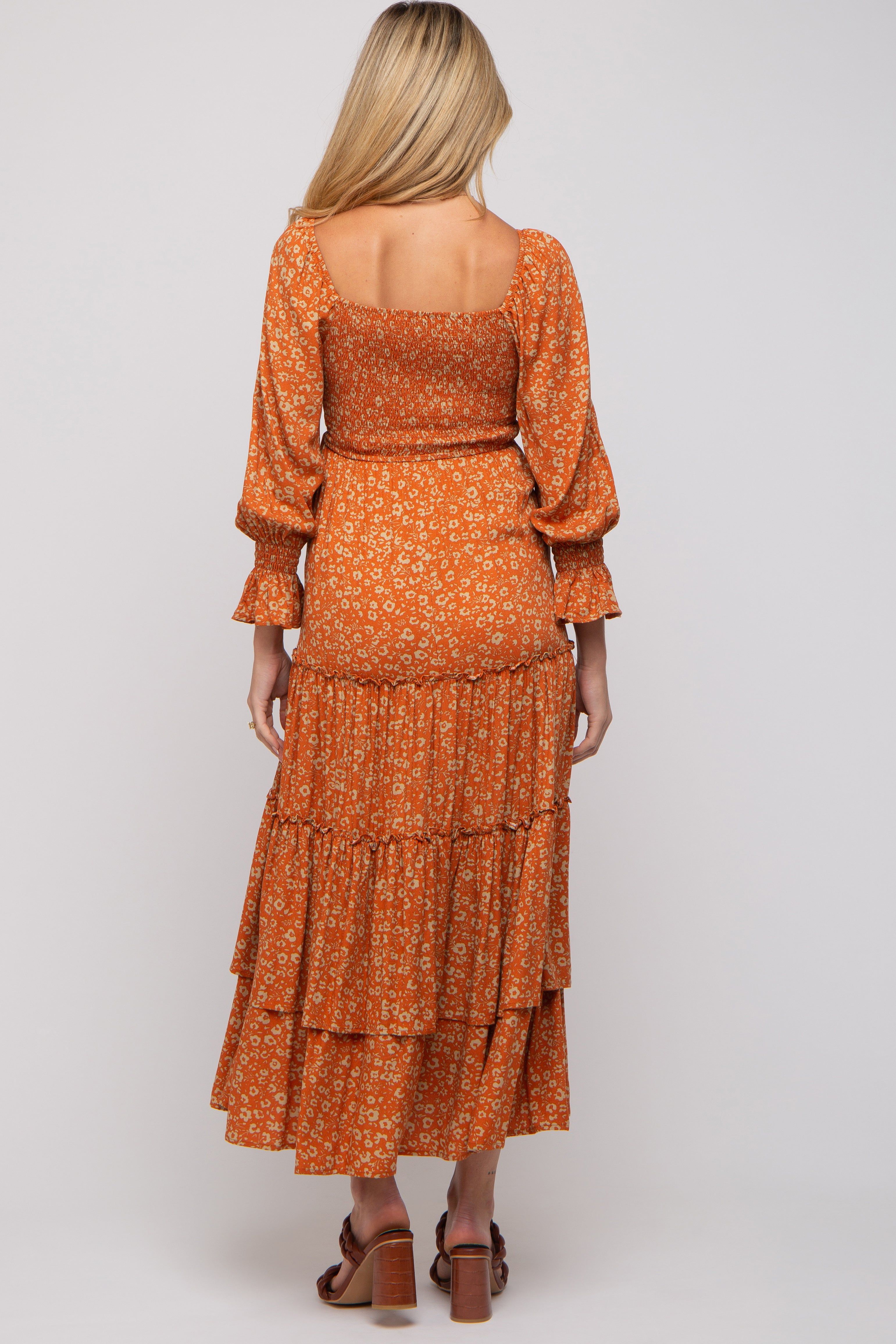 Rust Floral Smocked Front Cutout Tiered Maternity Maxi Dress sold by Pinkblush product image thumbnail 2